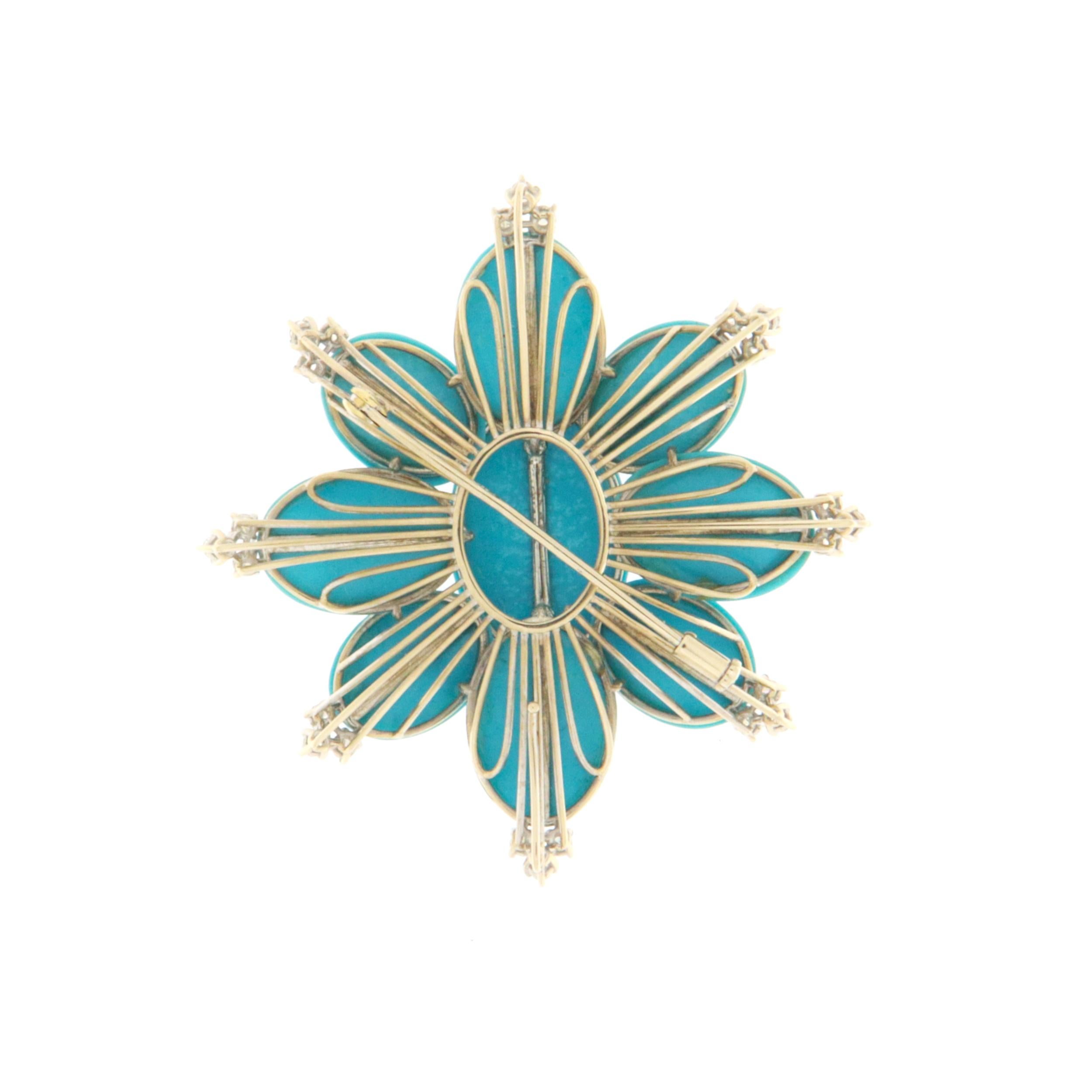 Splendid brooch designed first and then handcrafted by expert artisans in the sector, made of 18 karat white gold and set with natural diamonds and turquoise pieces.
For lovers of the genre it is a brooch with a deep visual impact that cannot escape
