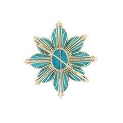 18K White Gold Brooch with 1.28ct Diamonds & Turquoise, Italy
