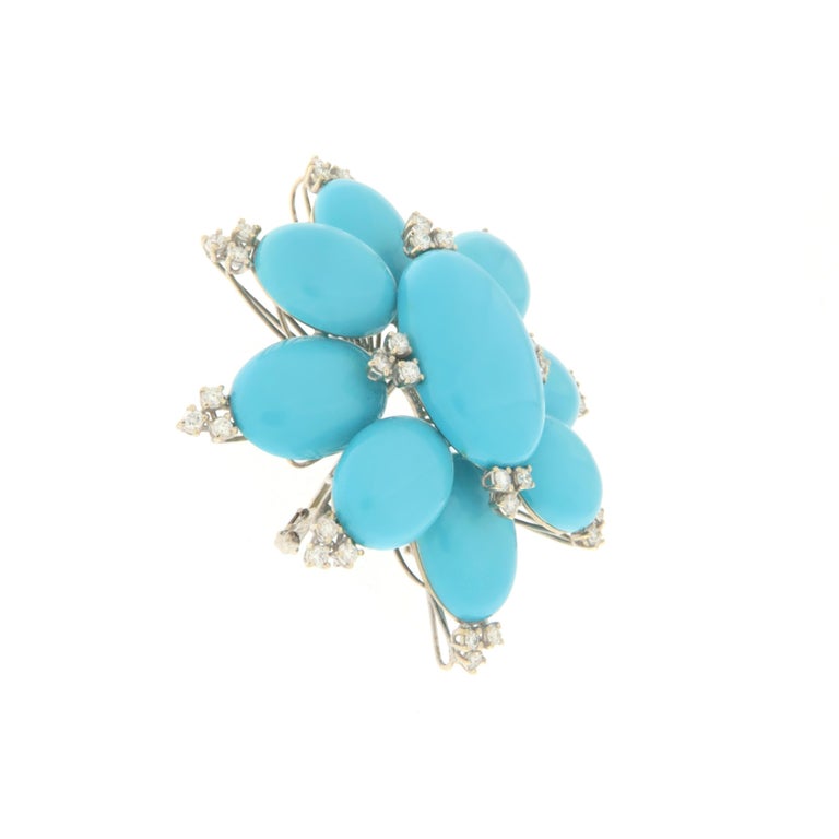 Diamonds Turquoise White Gold 18 Karat Brooch For Sale at 1stDibs