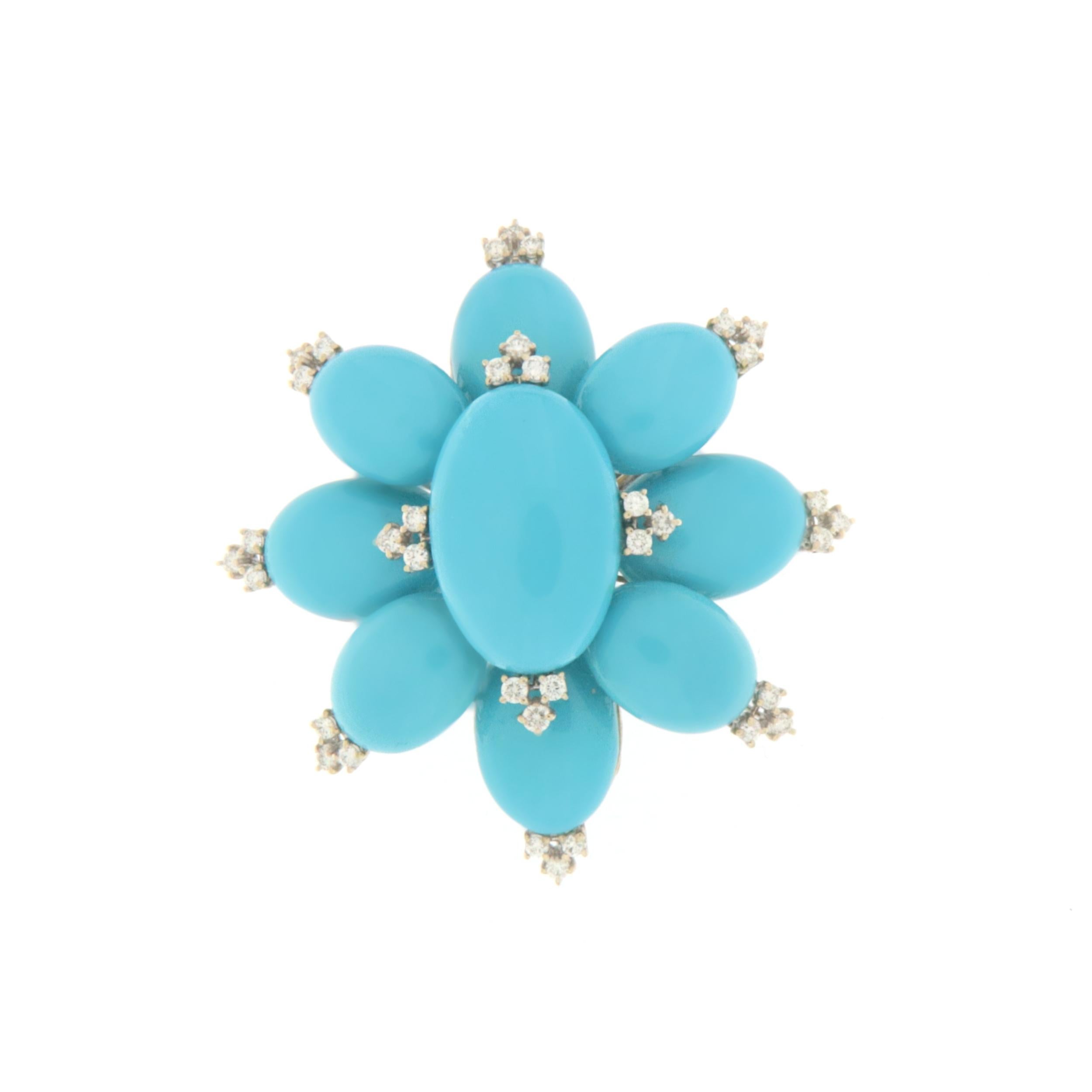 Diamonds Turquoise White Gold 18 Karat Brooch In New Condition For Sale In Marcianise, IT