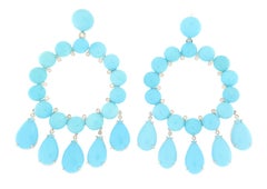 Modern 18K White Gold Monumental Turquoise Diamond Hoop Statement Earrings