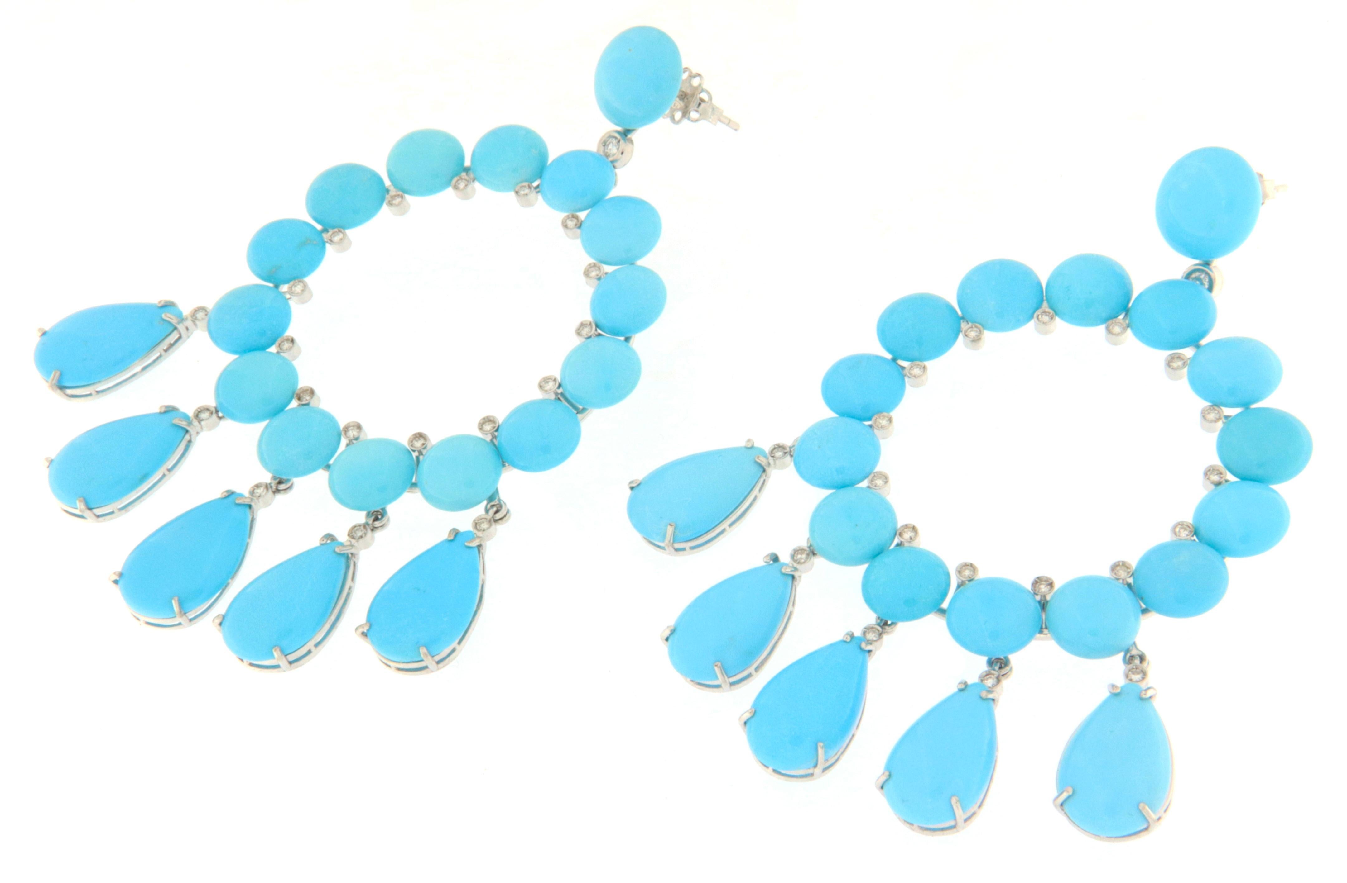 Contemporary Diamonds Turquoise White Gold 18 Karat Drop Earrings For Sale