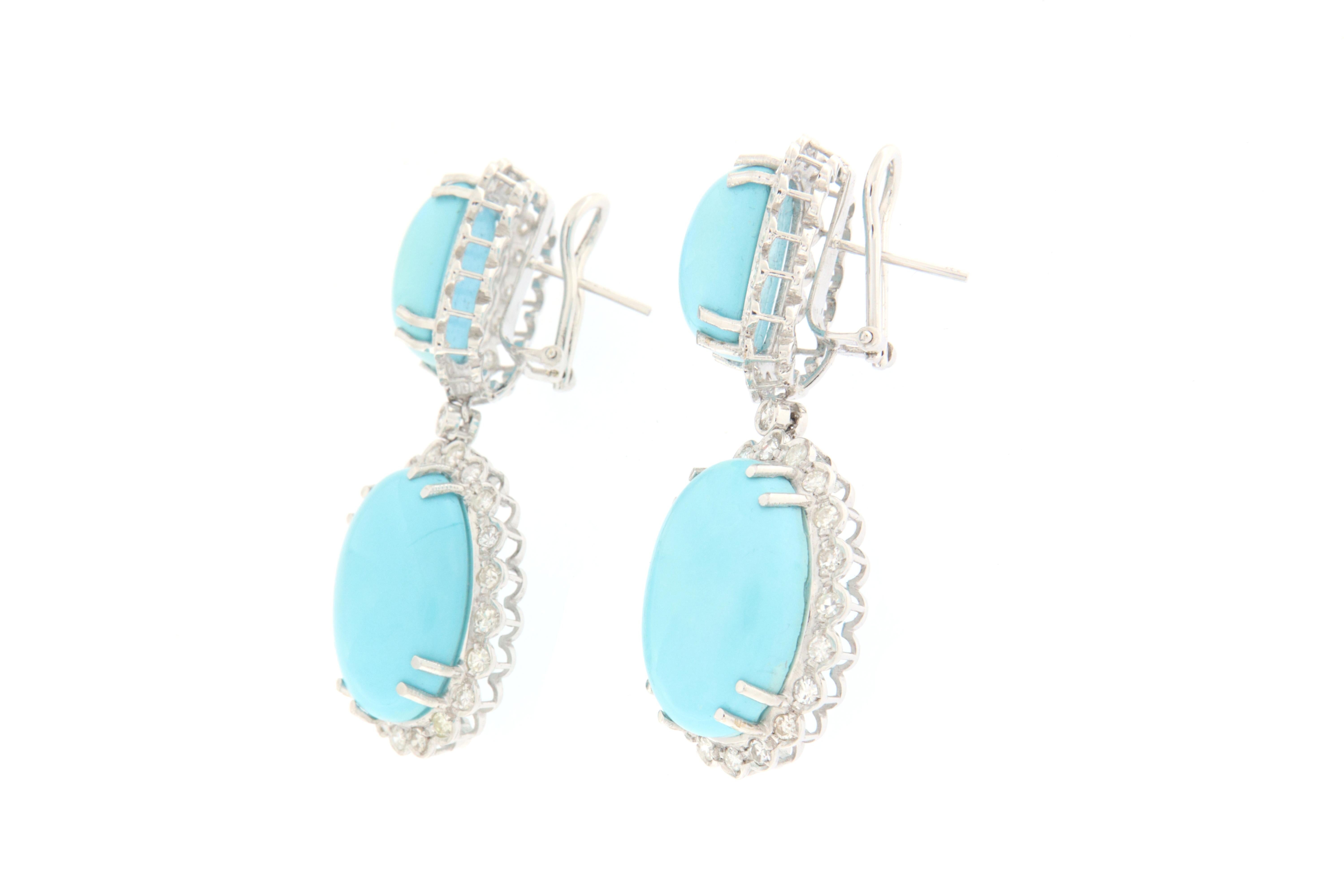 Contemporary Diamonds Turquoise White Gold 18 Karat Drop Earrings For Sale