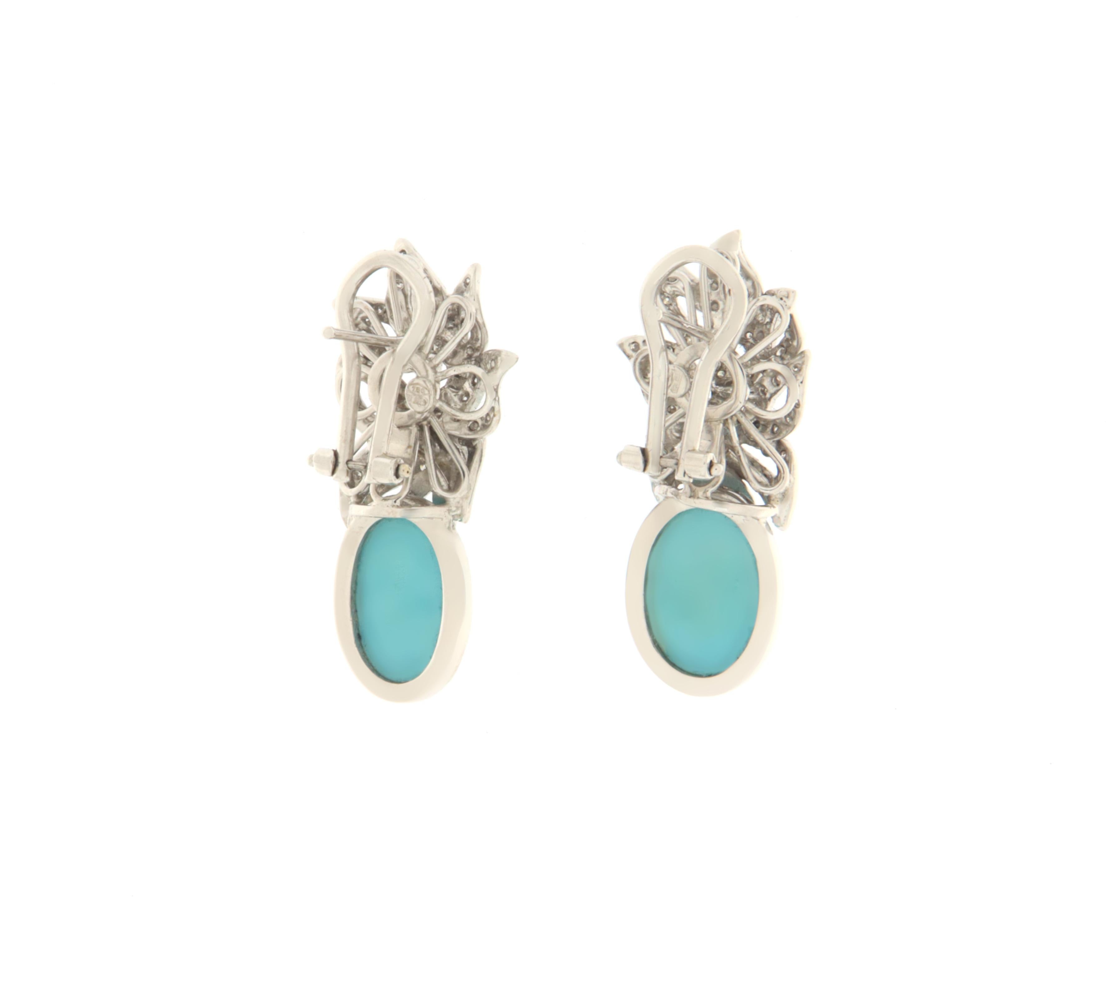 Round Cut Diamonds Turquoise White Gold 18 Karat Drop Earrings For Sale