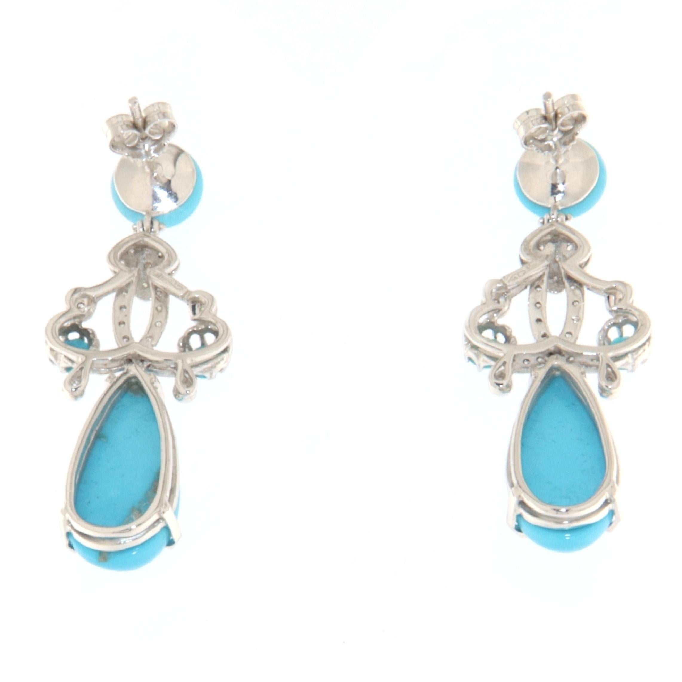 Taille brillant Boucles d'oreilles pendantes en or blanc 18 carats avec turquoise et diamants en vente