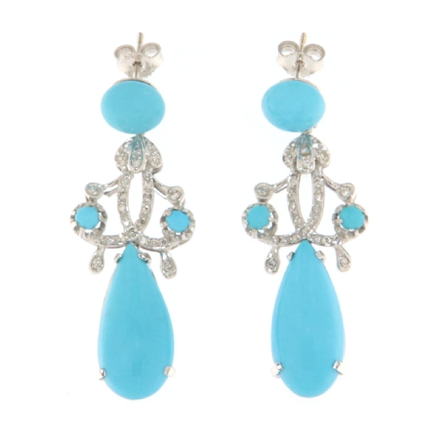 Boucles d'oreilles pendantes en or blanc 18 carats avec turquoise et diamants Neuf - En vente à Marcianise, IT