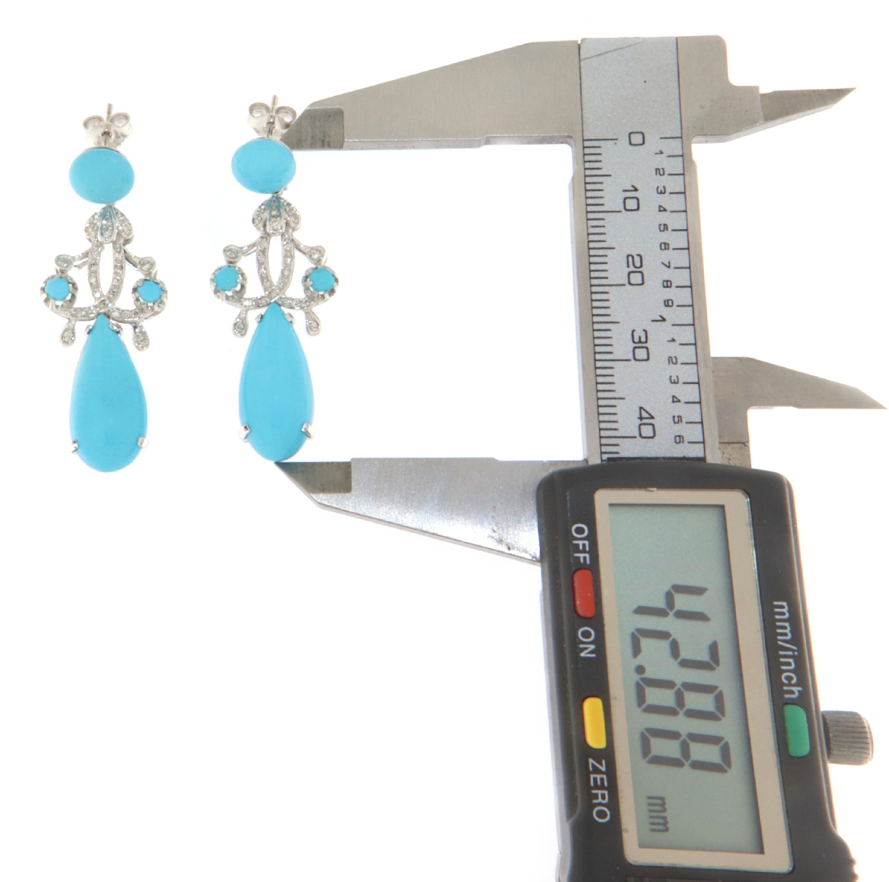 Boucles d'oreilles pendantes en or blanc 18 carats avec turquoise et diamants Pour femmes en vente