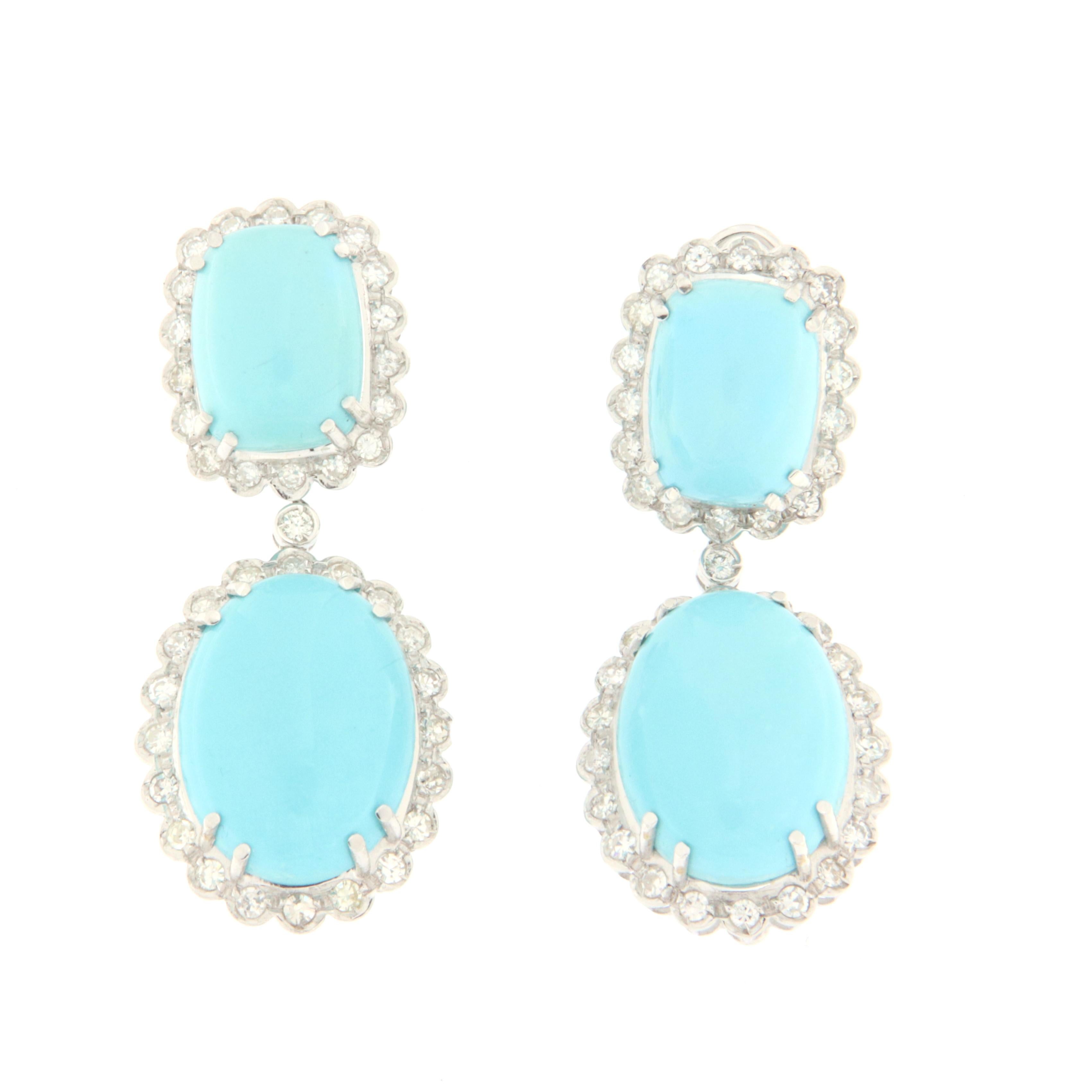 Diamonds Turquoise White Gold 18 Karat Drop Earrings For Sale 1