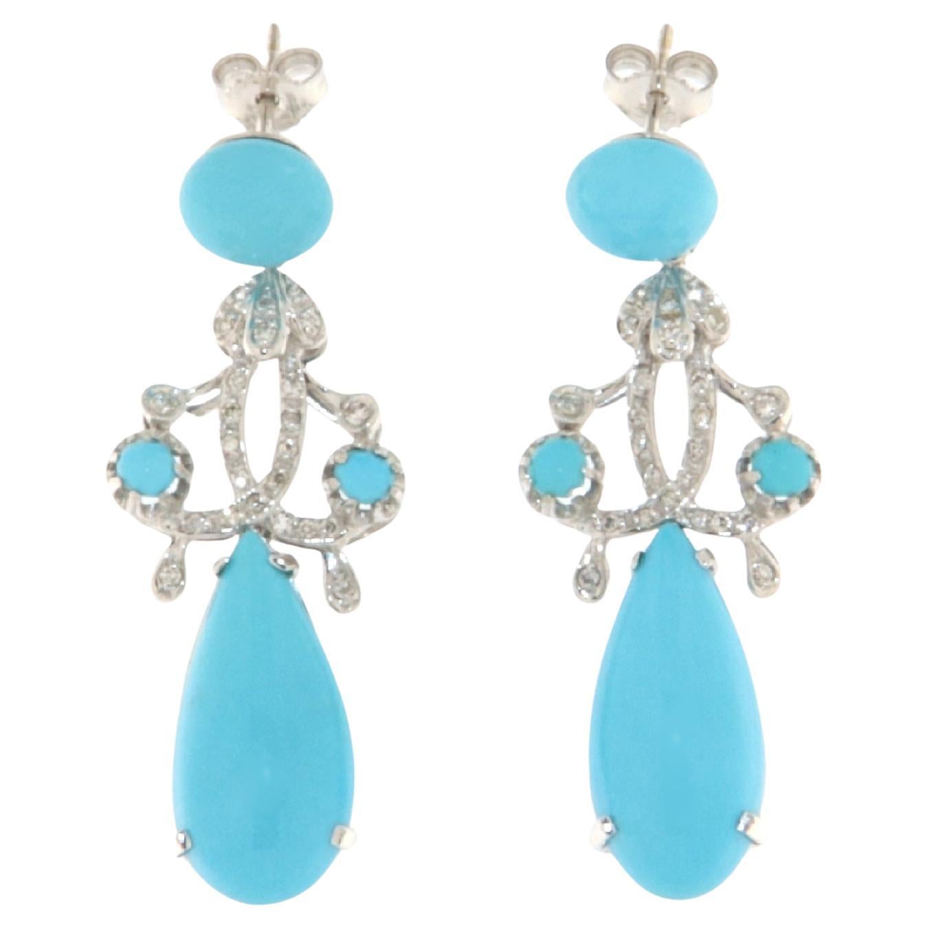 Boucles d'oreilles pendantes en or blanc 18 carats avec turquoise et diamants en vente
