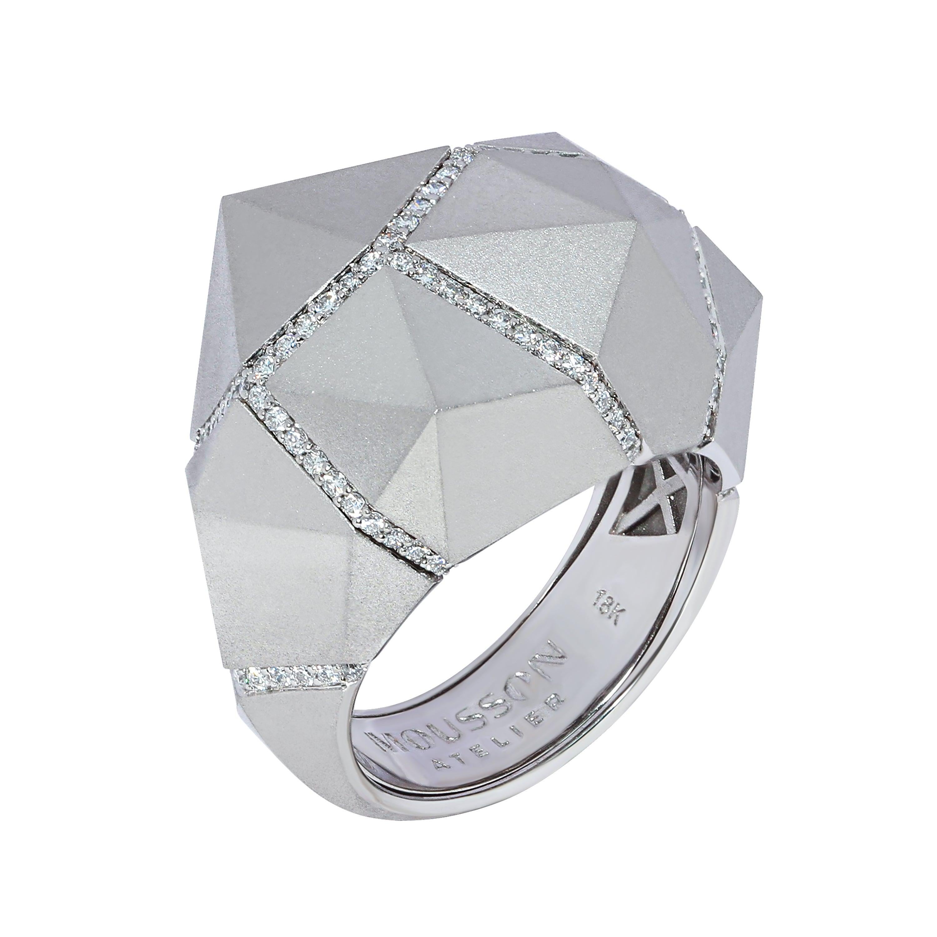 For Sale:  Diamonds White 18 Karat Matte Gold Geometry Big Ring 2