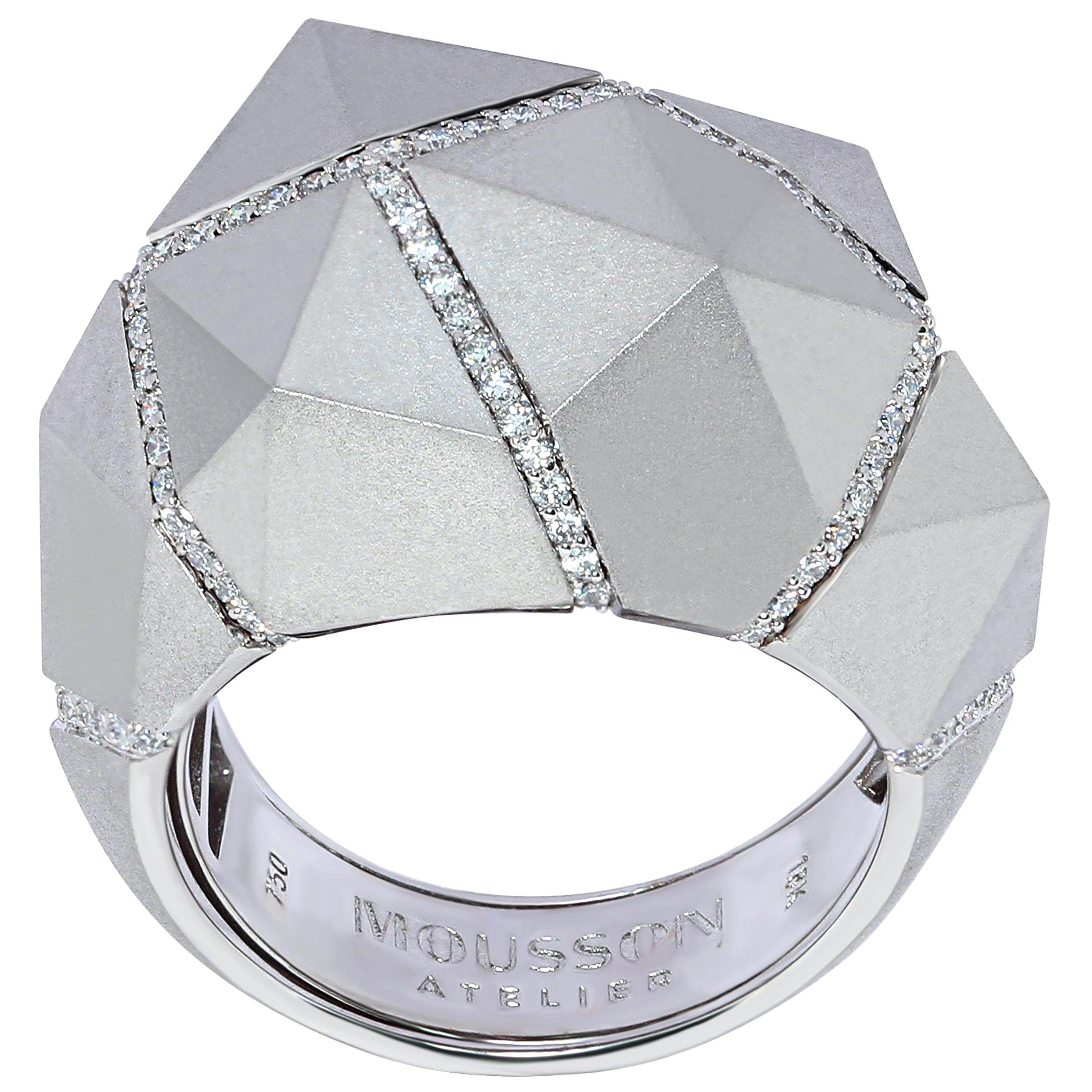 For Sale:  Diamonds White 18 Karat Matte Gold Geometry Big Ring
