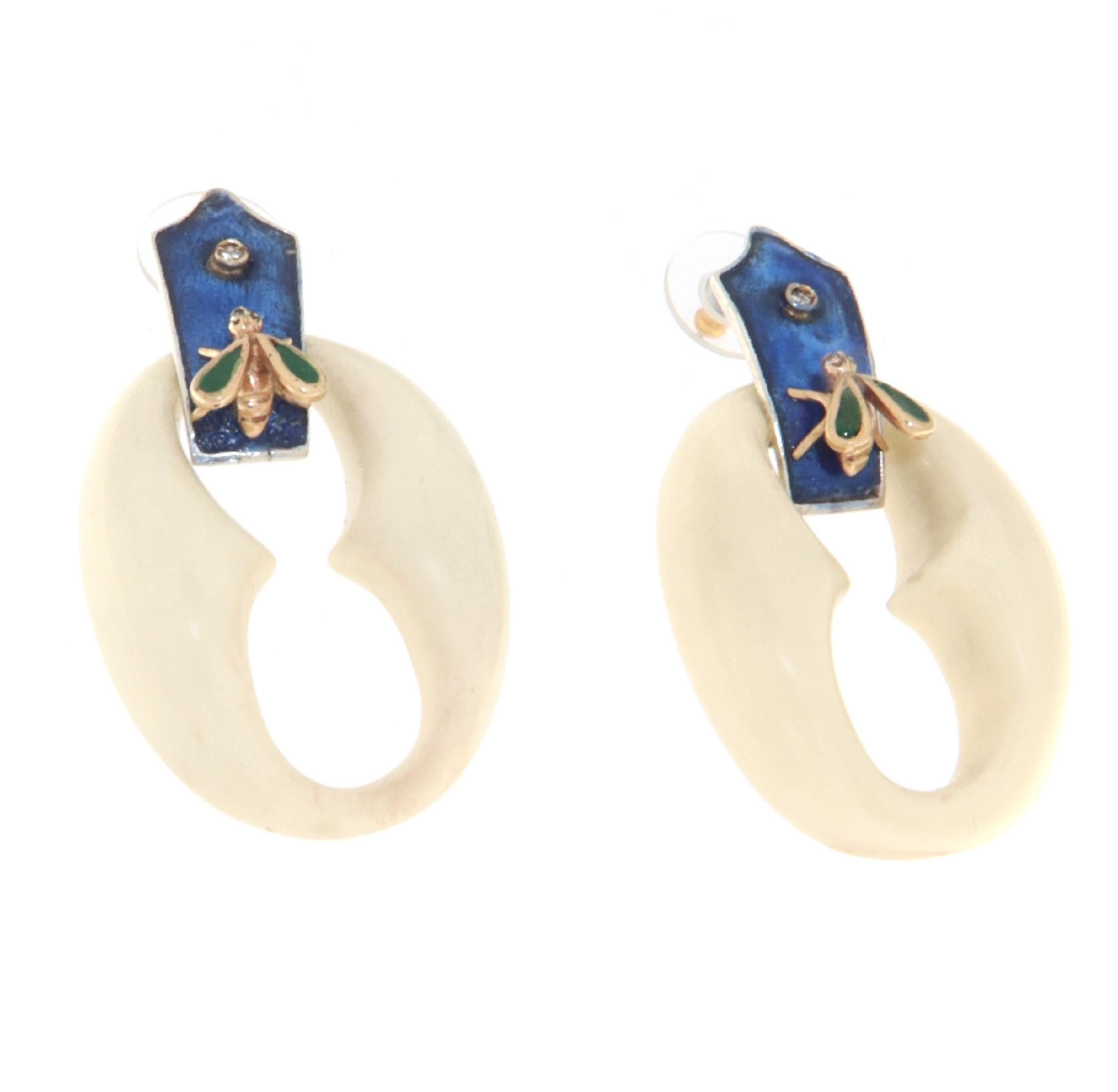 Artisan Diamonds White Agate  Enamels Yellow Gold 14 Karat Silver Drop Earrings For Sale