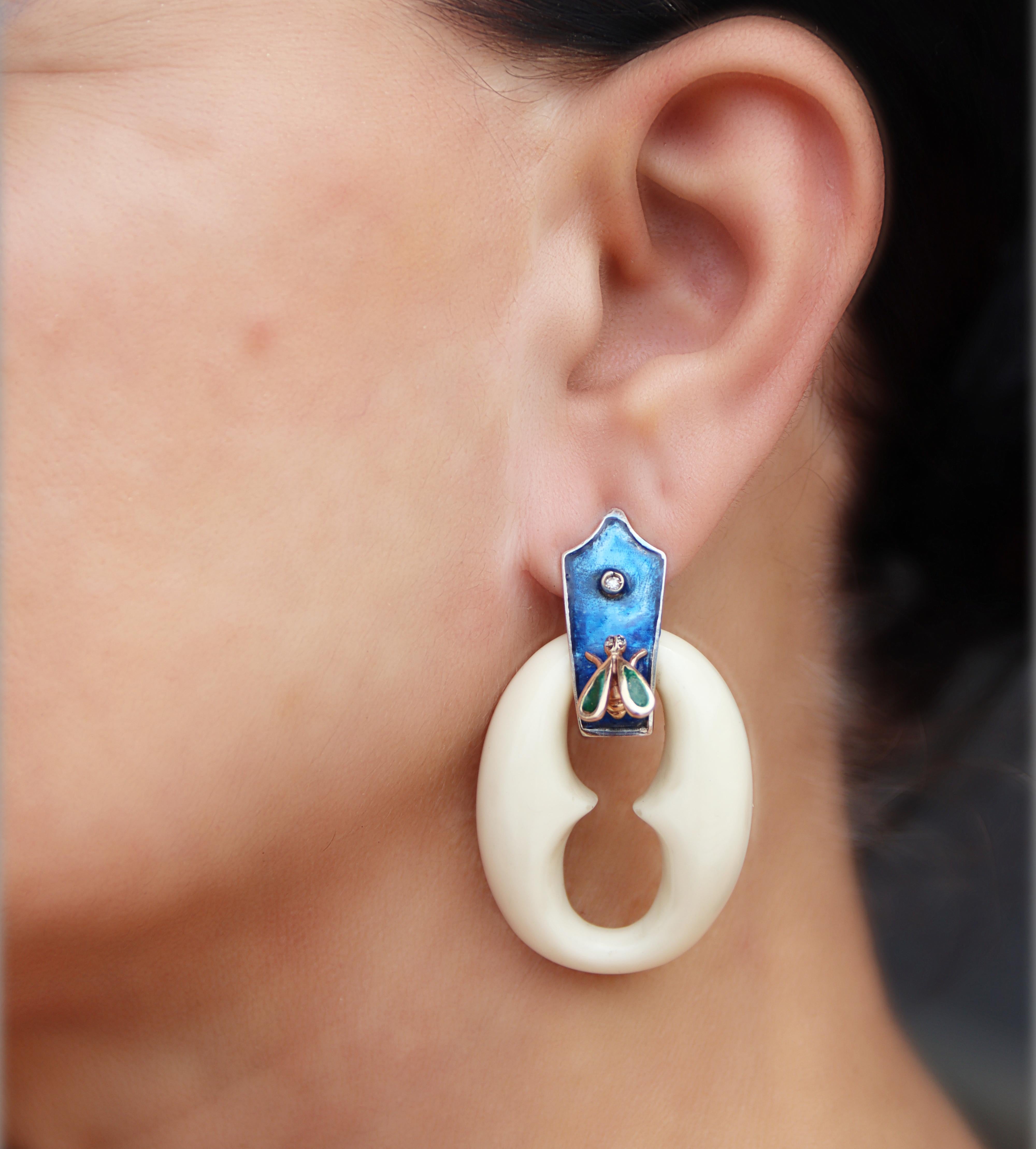Diamonds White Agate  Enamels Yellow Gold 14 Karat Silver Drop Earrings For Sale 1