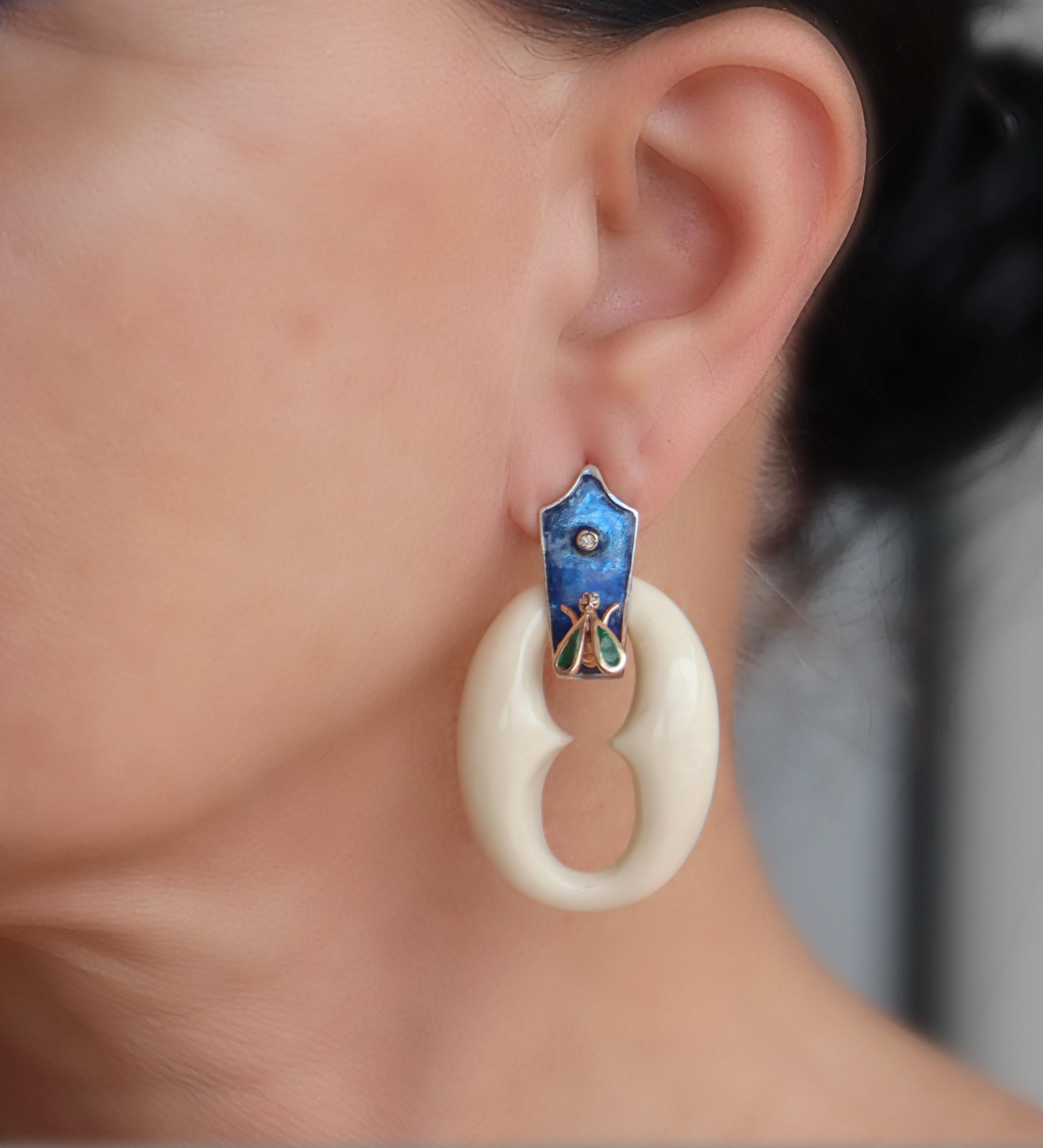 Diamonds White Agate  Enamels Yellow Gold 14 Karat Silver Drop Earrings For Sale 2