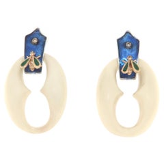 Diamanten Weißer Achat  Enamels Gelbgold 14 Karat Silber Tropfenohrringe