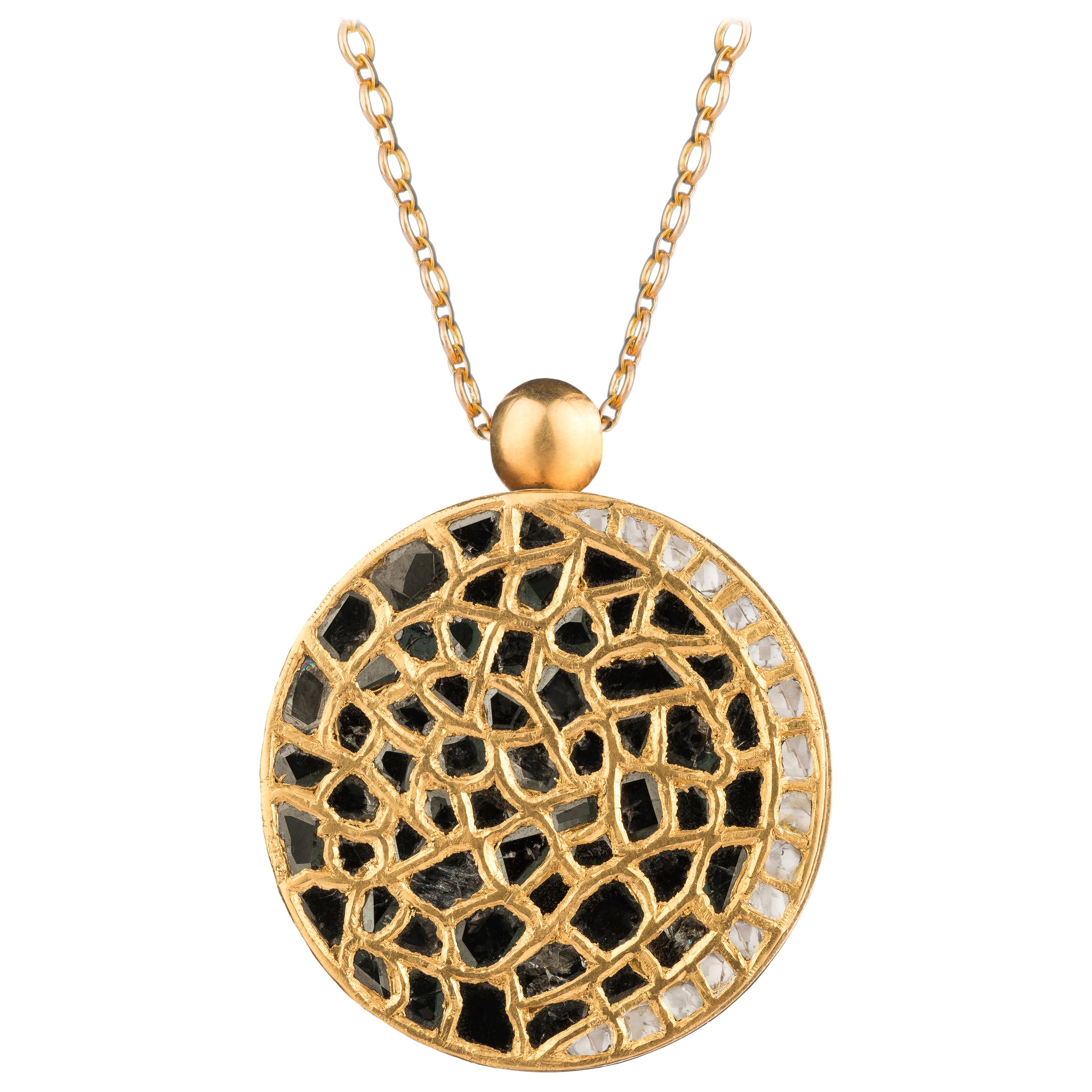 OUROBOROS Diamonds, White and Black Agate Pendant with 18 Karat Gold Necklace For Sale
