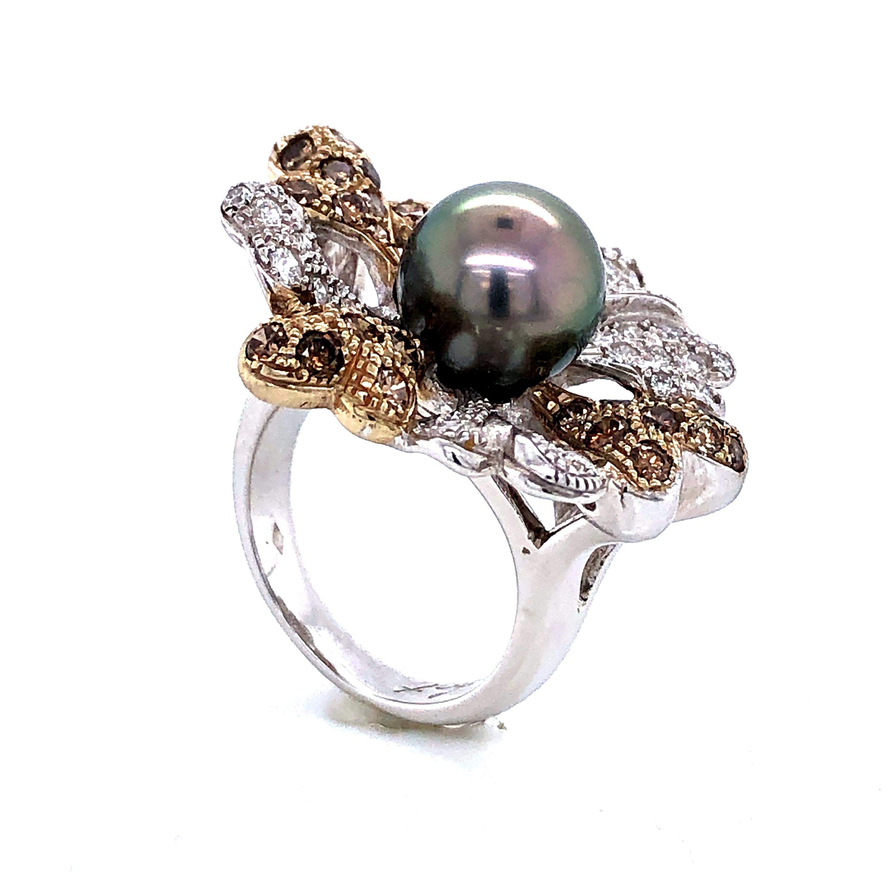 Diamonds White, Brown and Tahiti Pearl on White Gold 18 Karat Fashion Ring  In New Condition In Vannes, FR