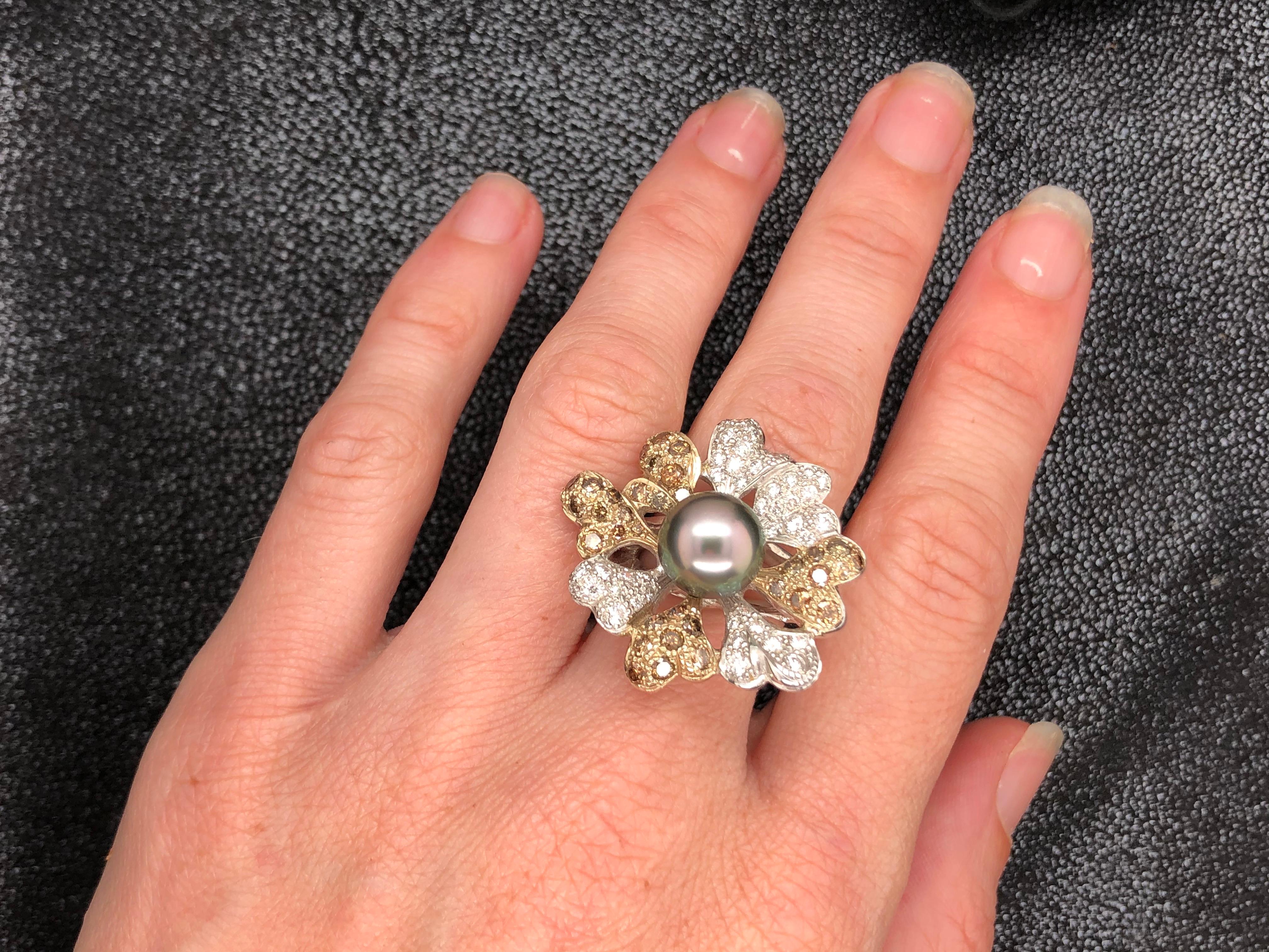 Diamonds White, Brown and Tahiti Pearl on White Gold 18 Karat Fashion Ring  1