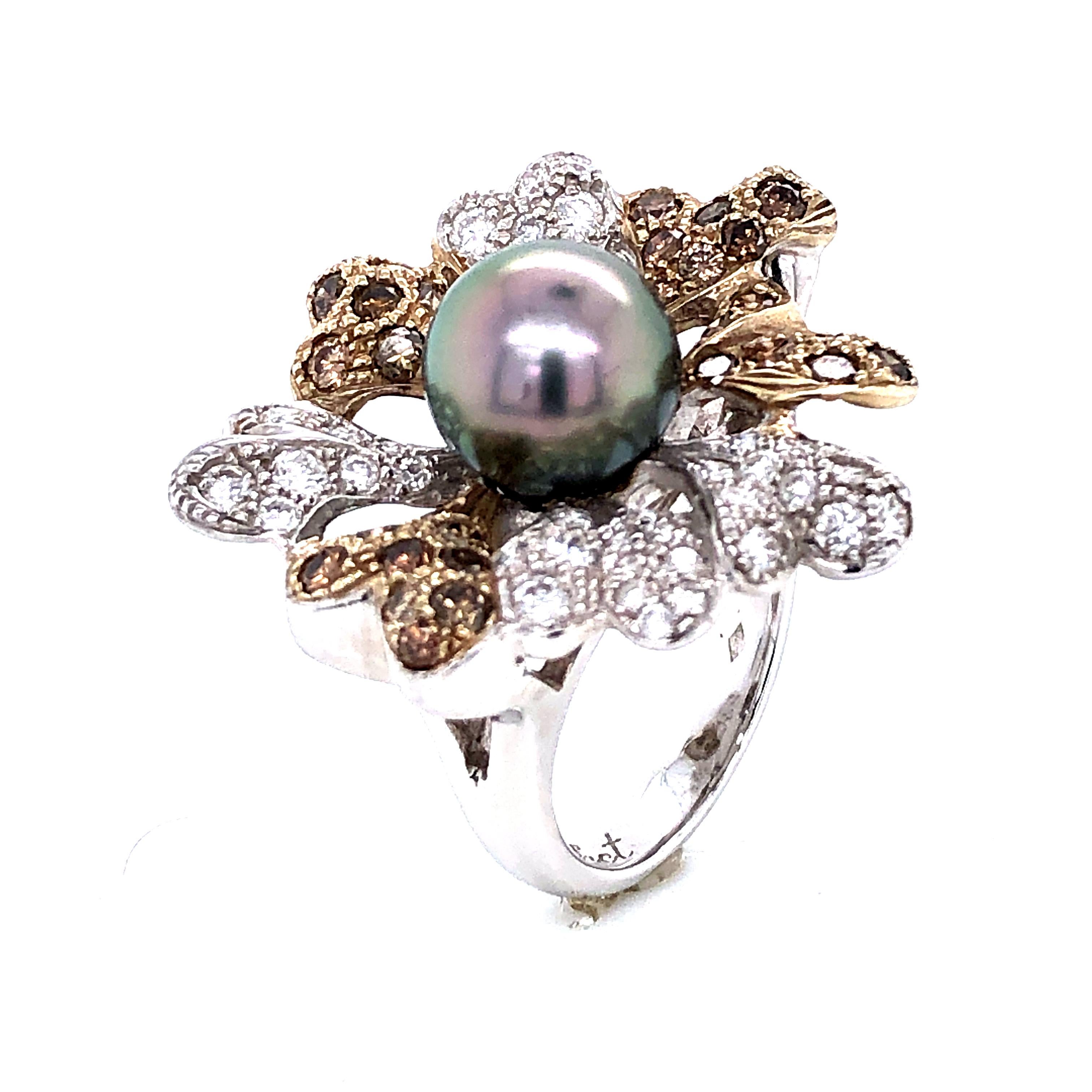 Brilliant Cut Diamonds White, Brown and Tahiti Pearl on White Gold 18 Karat Fashion Ring 