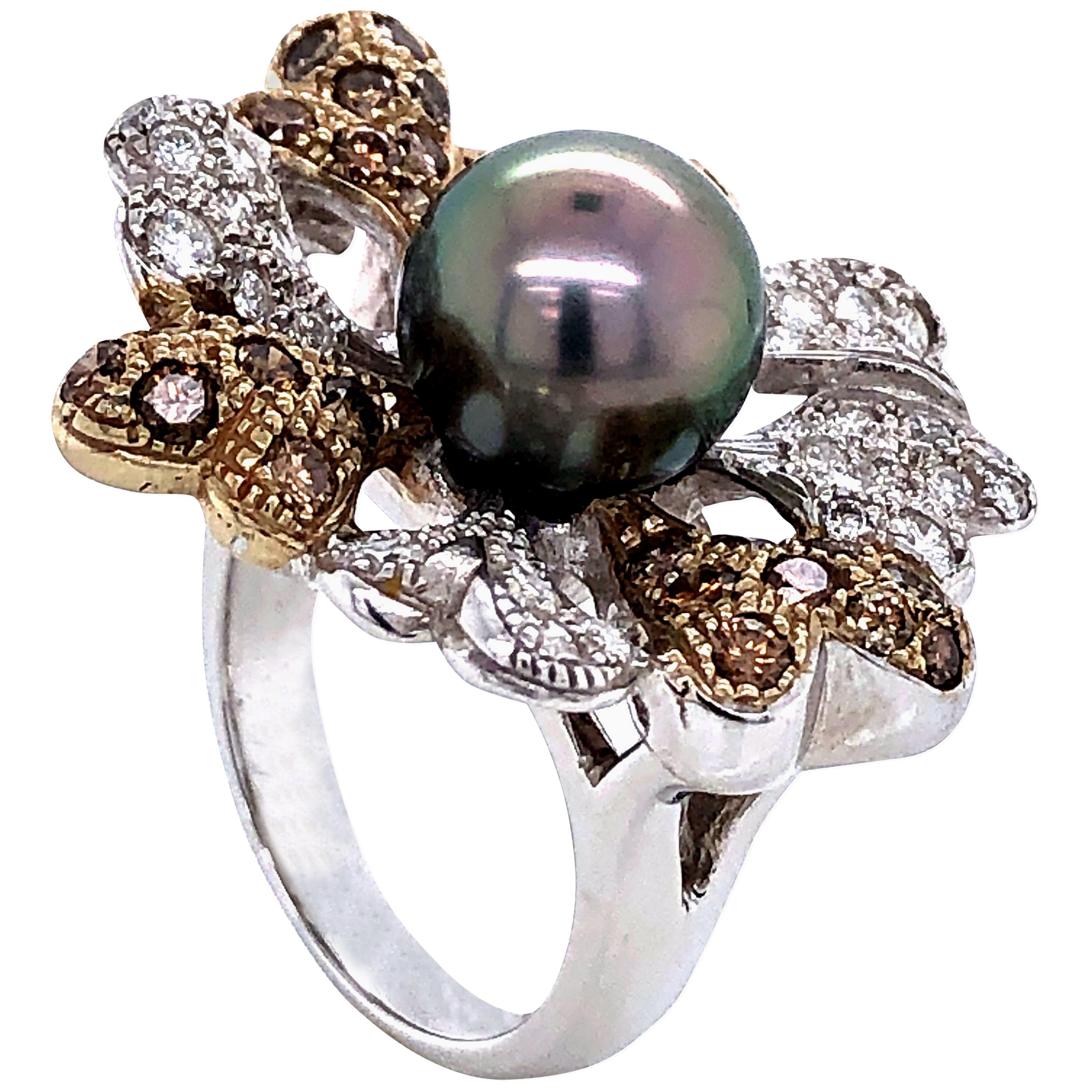 Diamonds White, Brown and Tahiti Pearl on White Gold 18 Karat Fashion Ring 
