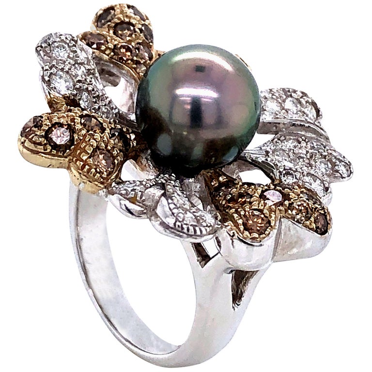 Diamonds White, Brown and Tahiti Pearl on White Gold 18 Karat Fashion Ring  For Sale at 1stDibs