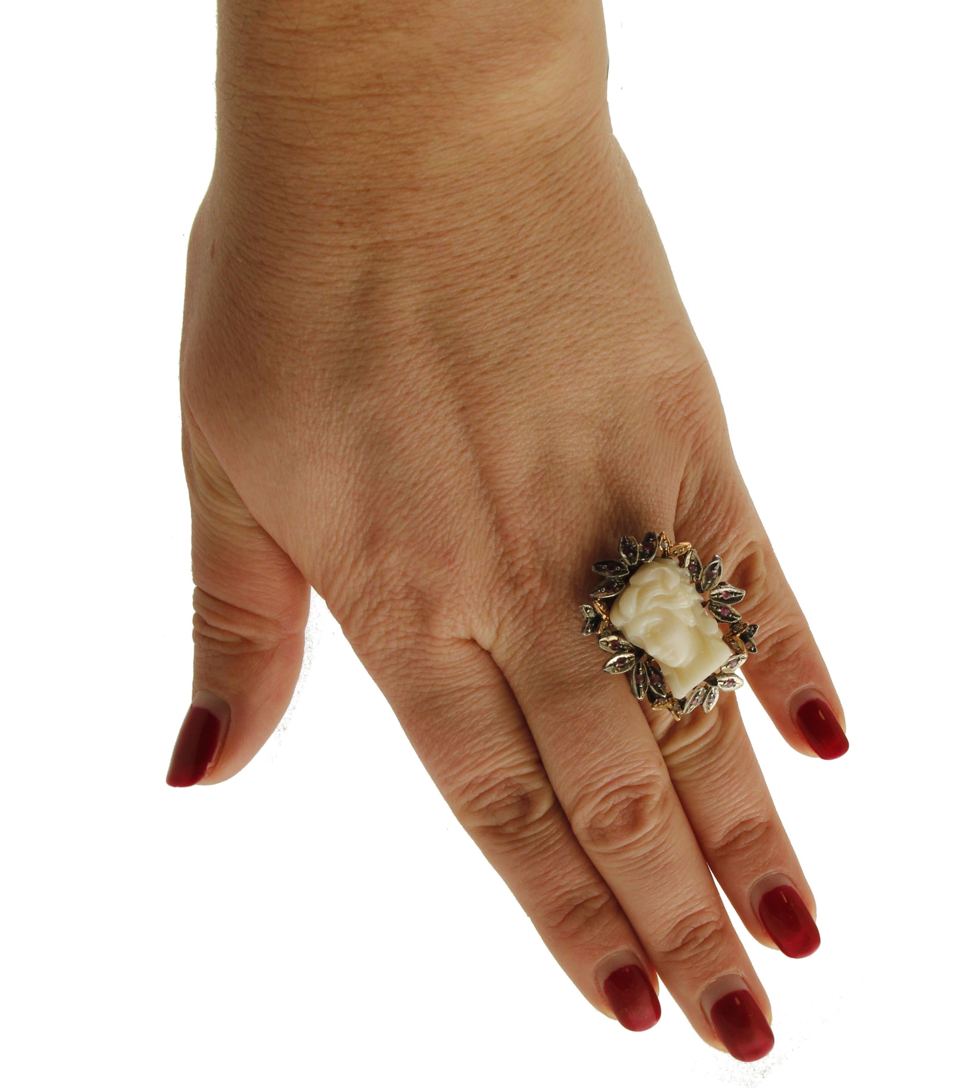 Women's Diamonds, White Coral, Rubies Rose Gold and Silver Ring For Sale