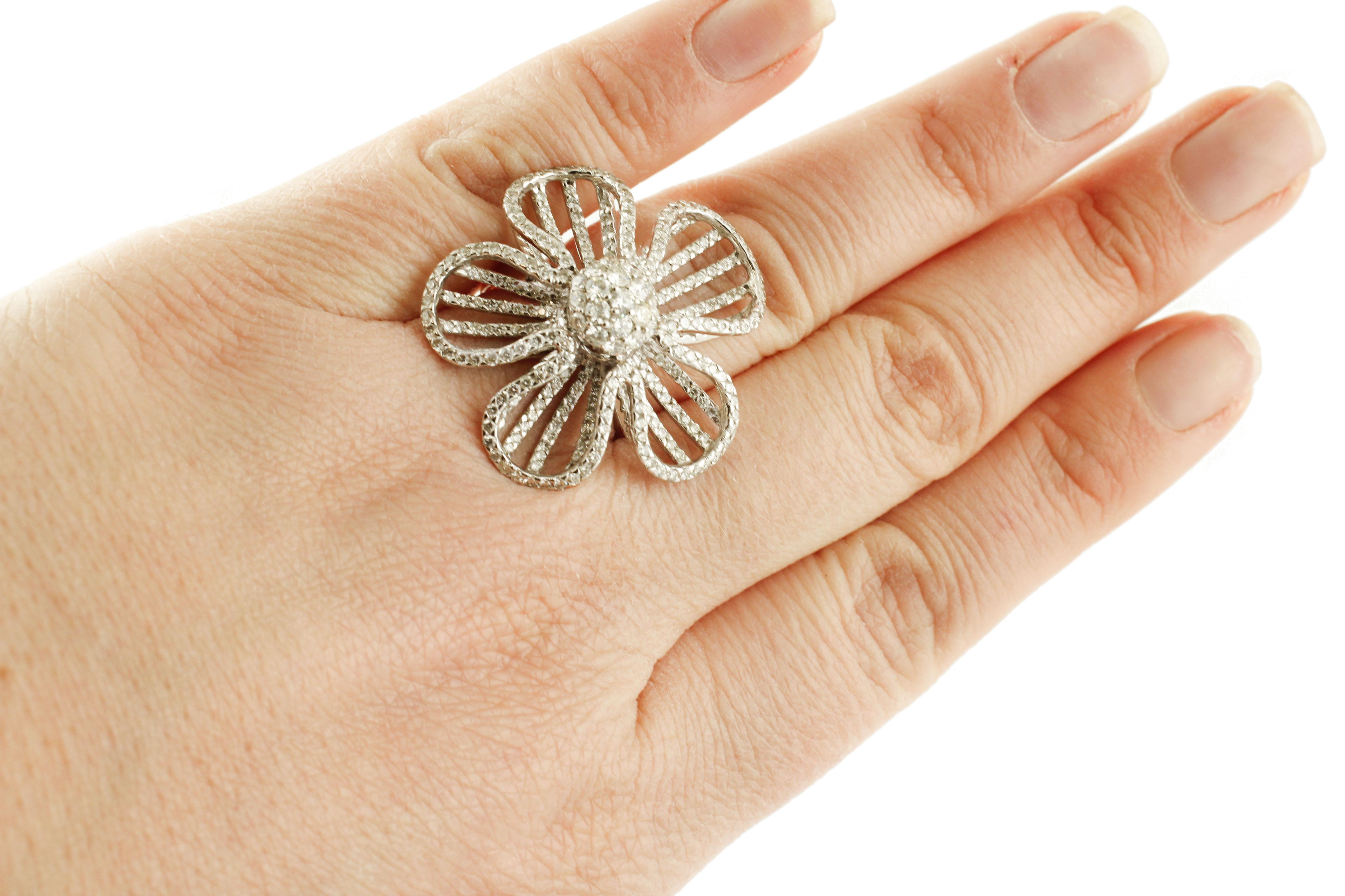 Diamonds, White Gold Flower Fashion Ring For Sale 1