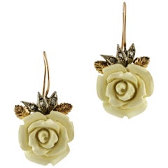 Diamonds, White or Yellow Hard Stones Roses, Gold and Silver Dangle Earrings