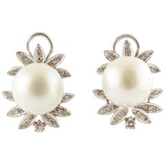 Diamonds, White Pearls, 14 Karat White Gold Clip-On Earrings