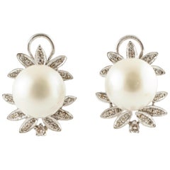 Diamonds, White Pearls, 14 Karat White Gold Clip-On Earrings