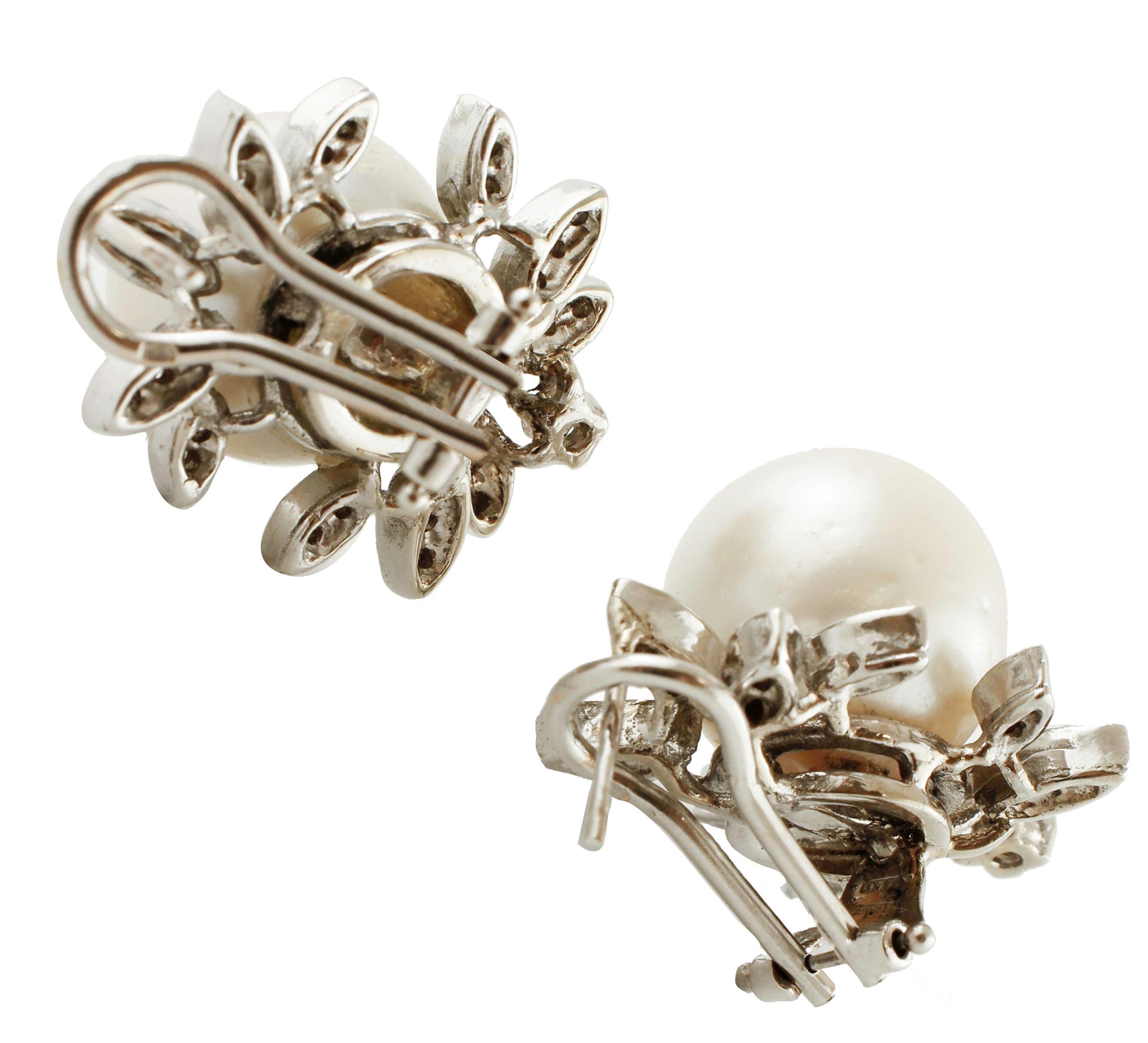 Retro Diamonds, White Pearls, 14 Karat White Gold Clip-On Earrings