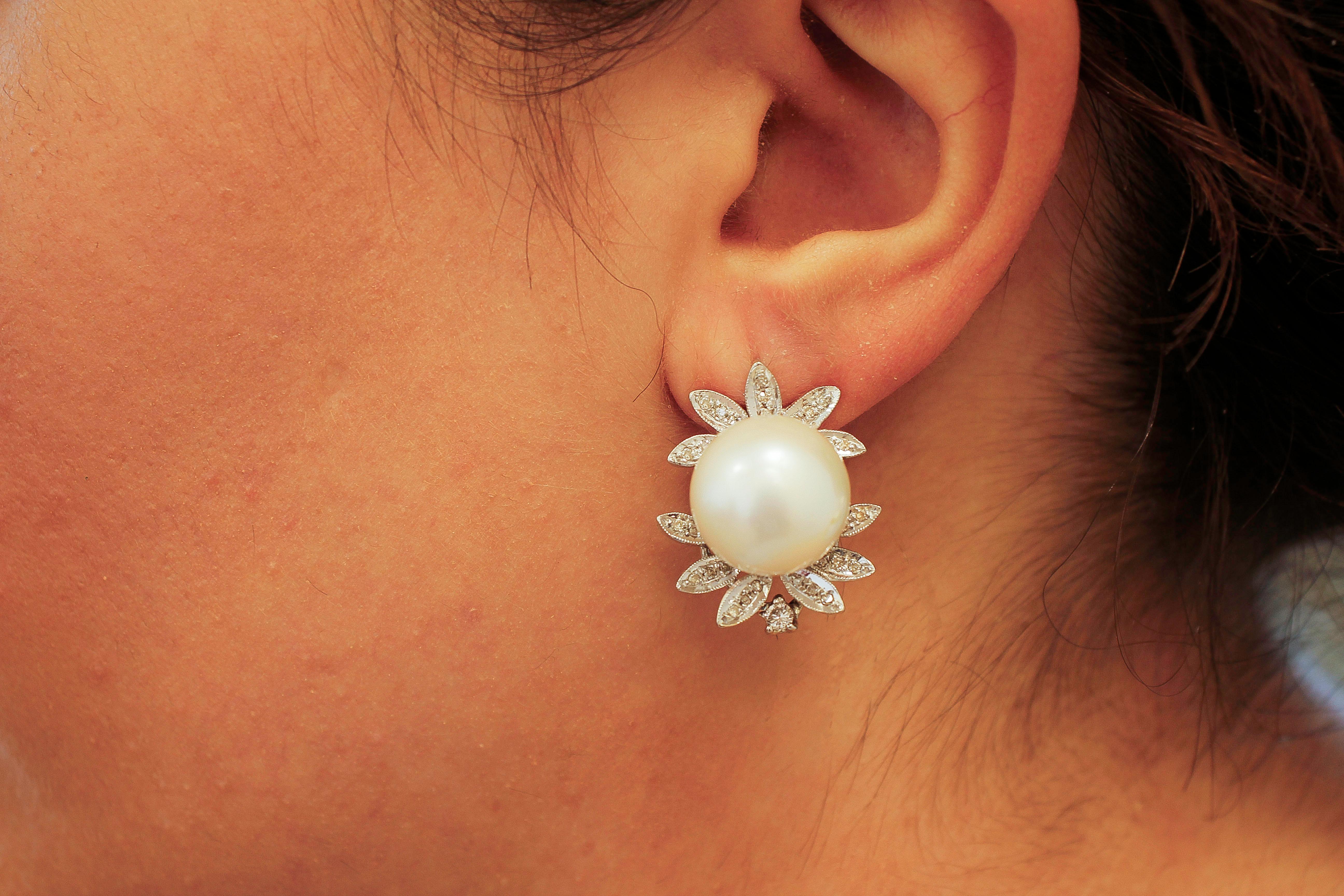 Women's Diamonds, White Pearls, 14 Karat White Gold Clip-On Earrings