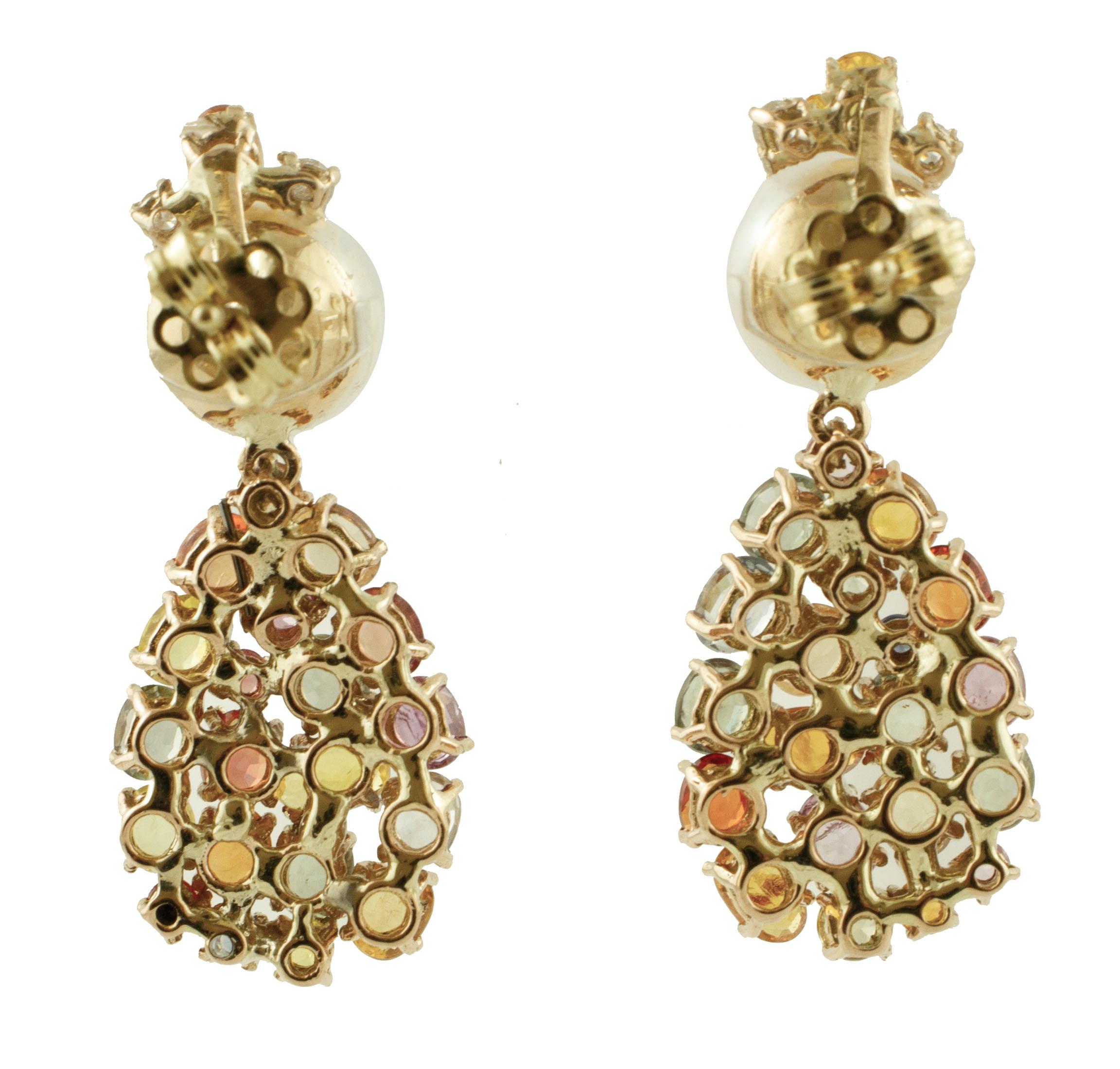 Ohrringe aus 14 Karat Roségold mit Diamanten, weißen Perlen und mehrfarbigen Saphiren (Retro)