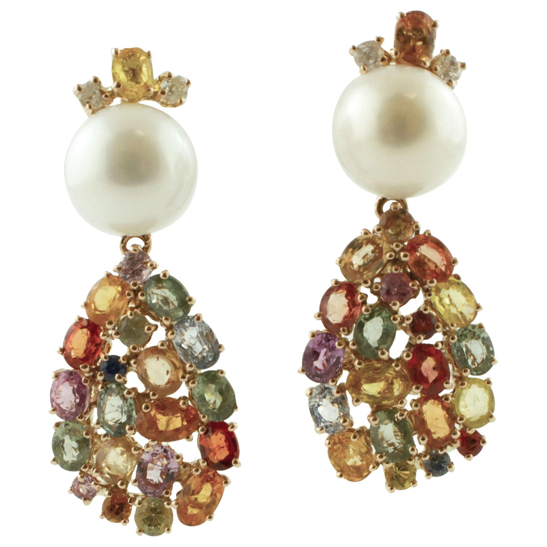 Ohrringe aus 14 Karat Ros�égold mit Diamanten, weißen Perlen und mehrfarbigen Saphiren