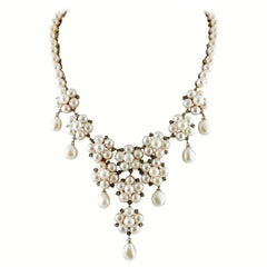 Vintage Diamonds, White Pearls, Rose Gold and Silver Flower Shape Beaded/ Drop Necklace