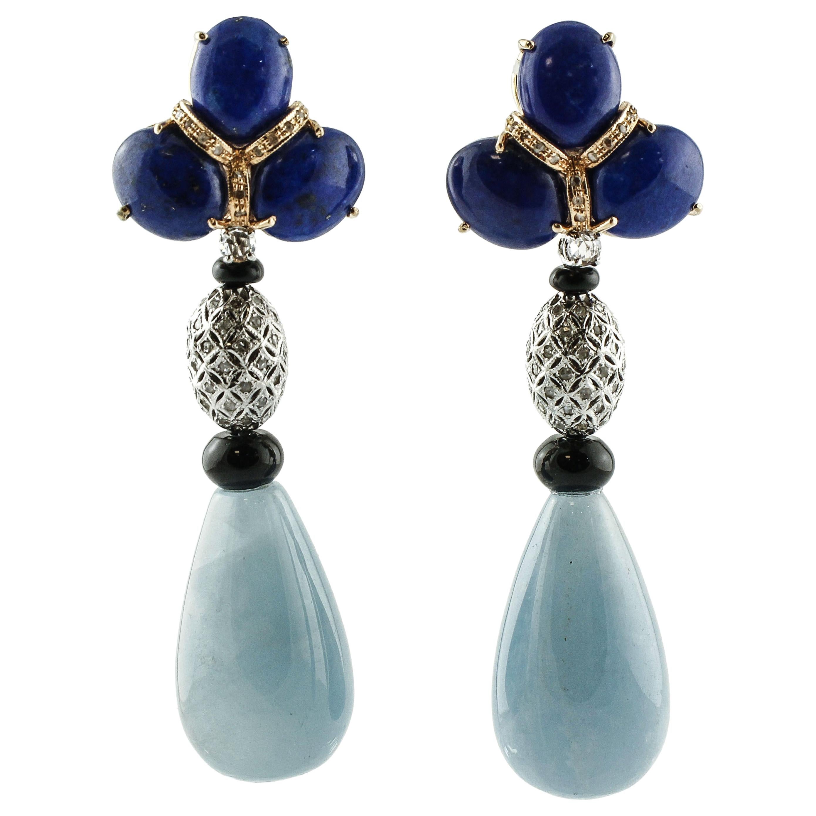 Diamonds, White Sapphires Aquamarine Onyx Lapis White Rose Gold Earrings