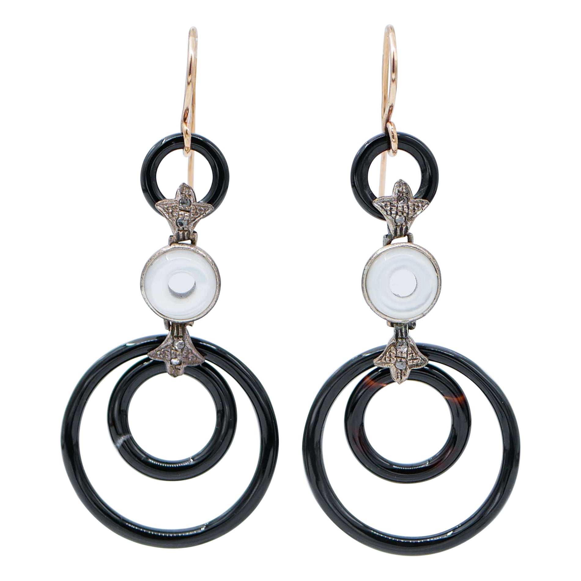 Ohrhänger mit Diamanten, weißen Steinen, Onyx, Roségold und Silber im Angebot