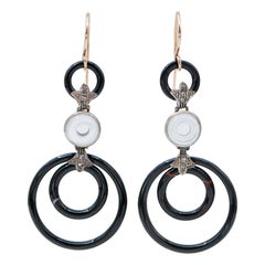 Diamonds, White Stones, Onyx, Rose Gold and Silver Dangle Earrings