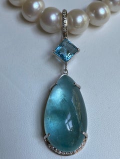 Diamonds with Freshwater Pearls & Large Aquamarine in a Sterling Silver Necklace