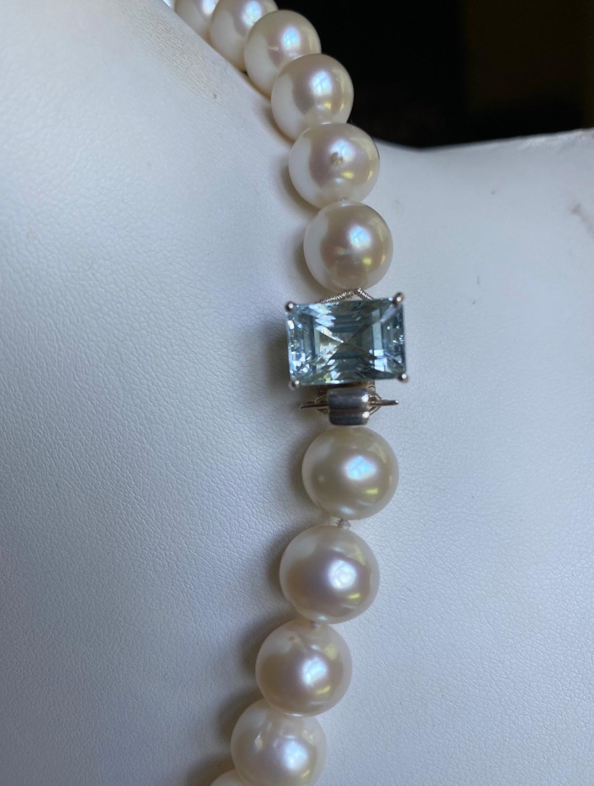 Contemporary Diamonds with Freshwater Pearls & Large Aquamarine in a Sterling Silver Necklace For Sale