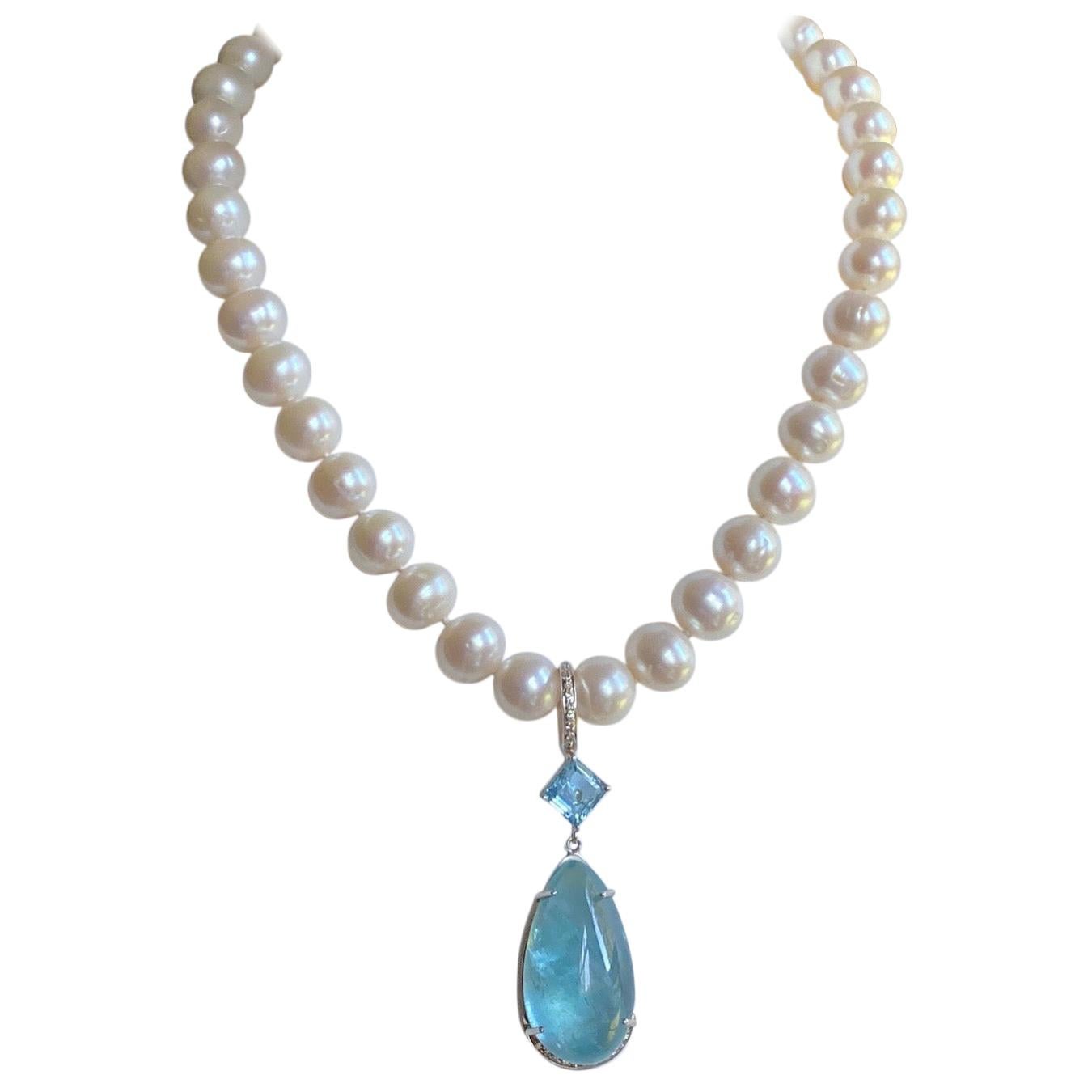 Diamonds with Freshwater Pearls & Large Aquamarine in a Sterling Silver Necklace For Sale