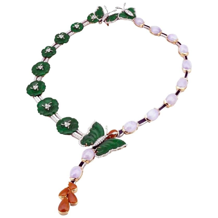Diamonds with Yellow and White Gold Three Jade Necklace by John Landrum Bryant For Sale