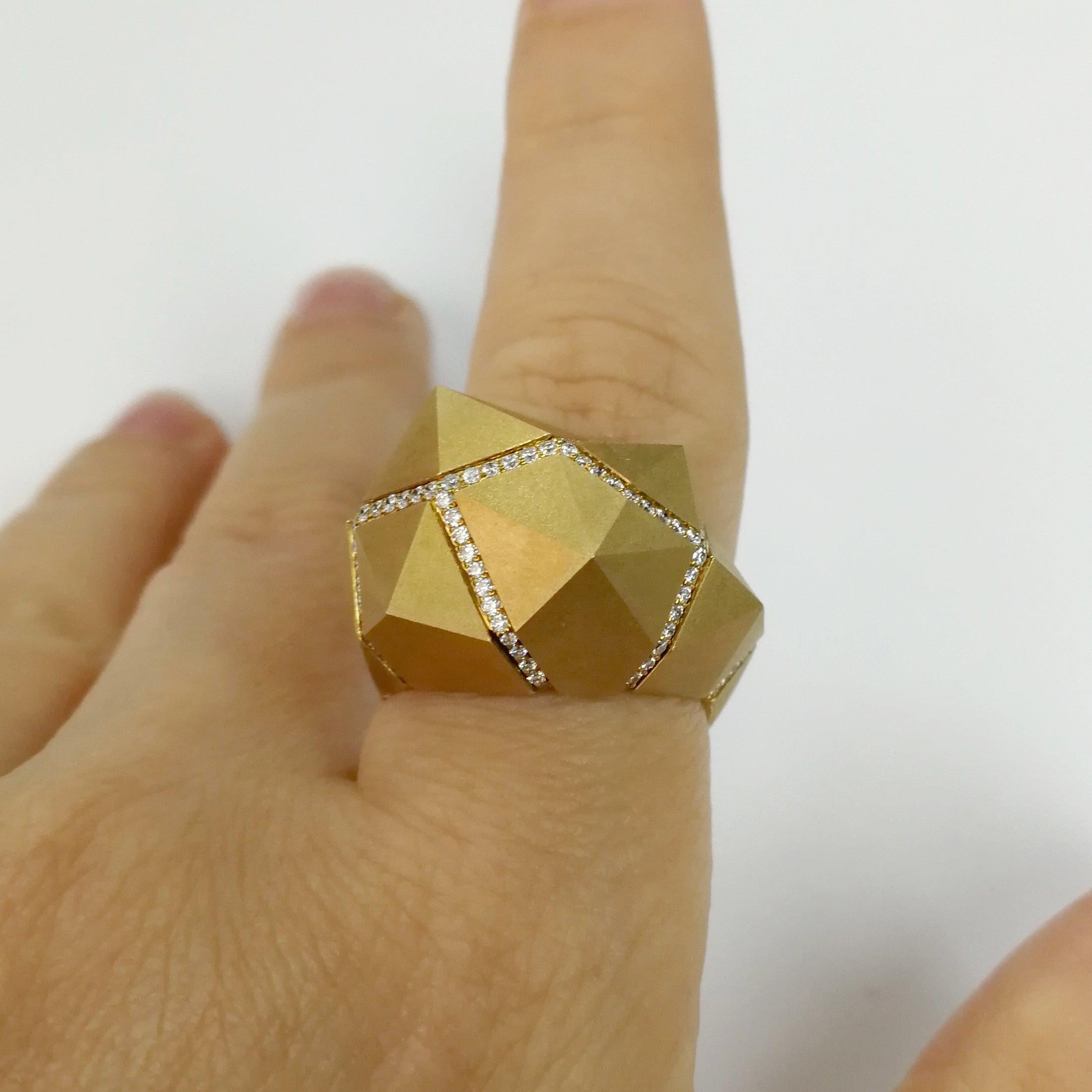 For Sale:  Diamonds Yellow 18 Karat Matte Gold Geometry Ring 12
