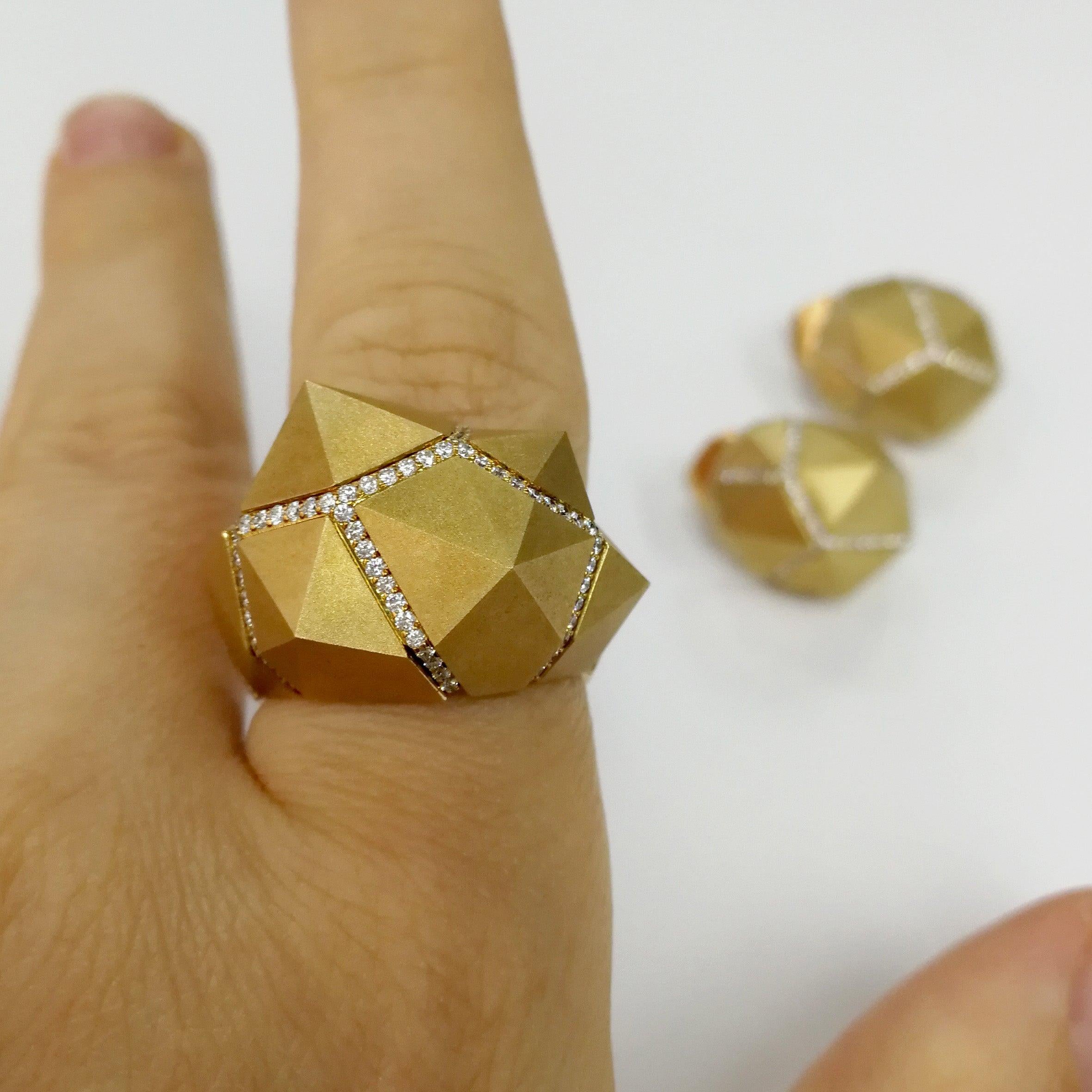 For Sale:  Diamonds Yellow 18 Karat Matte Gold Geometry Ring 14