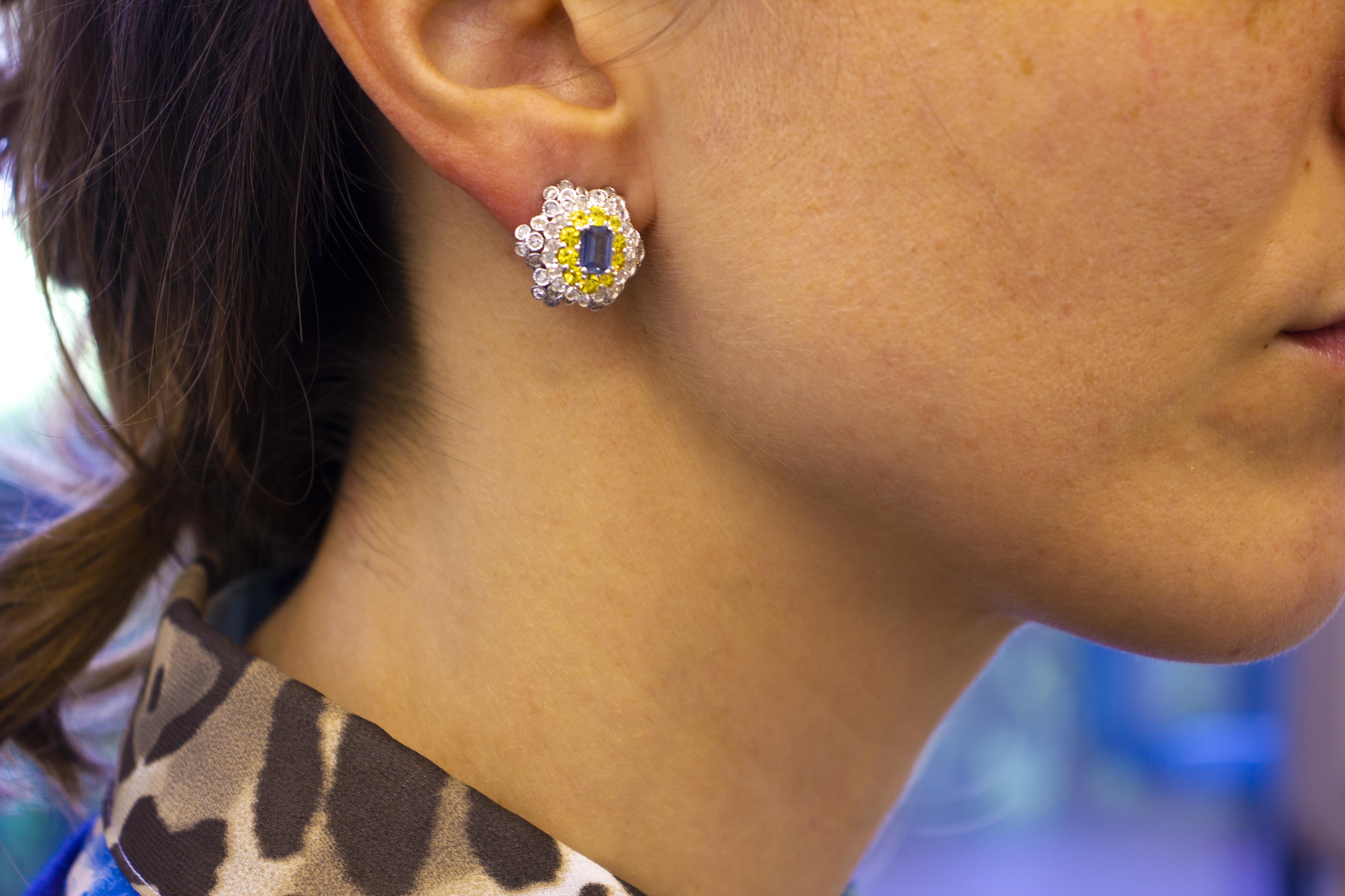 Diamonds, Yellow and Blue Sapphires, White Gold Clip-On Earrings 4