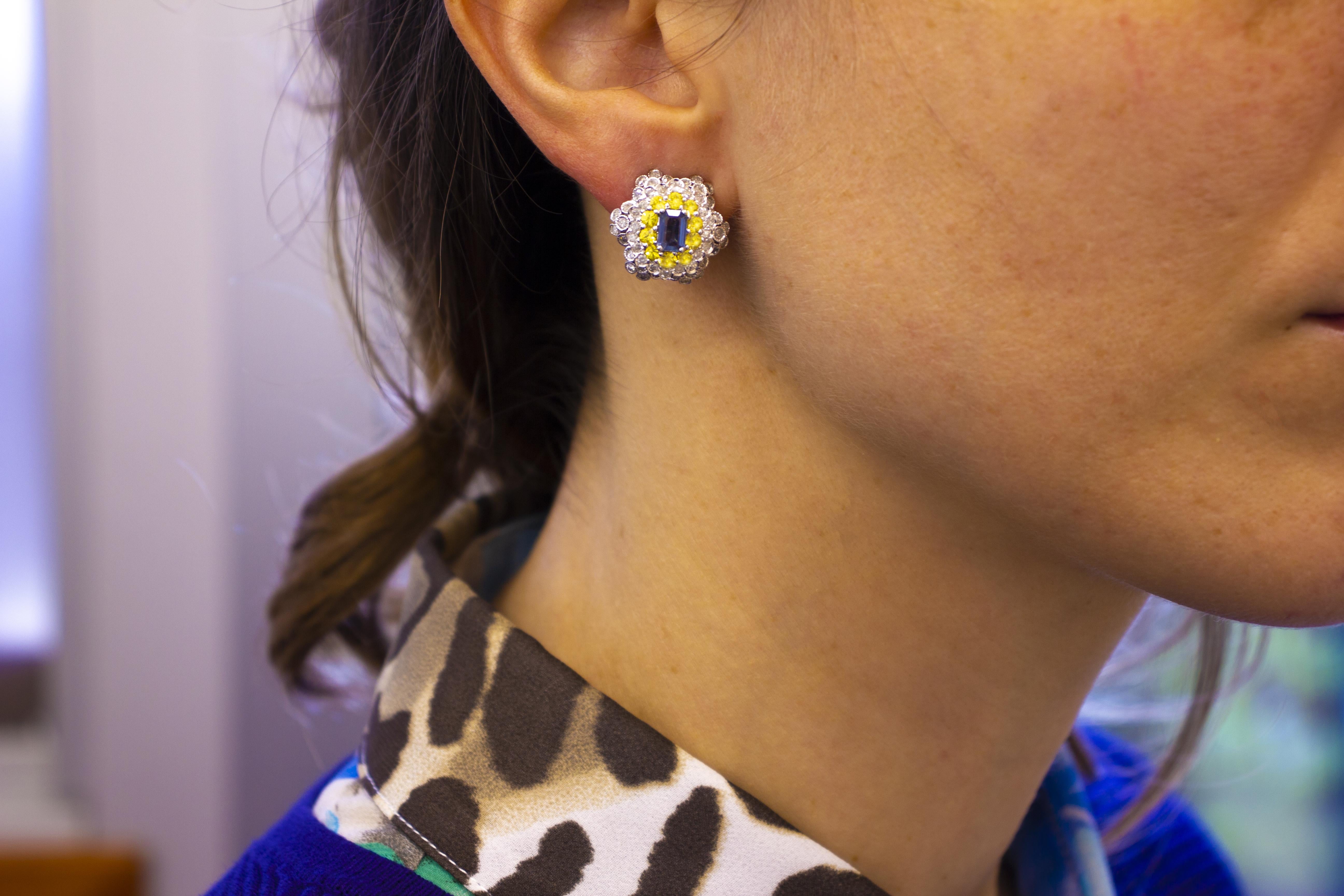 Diamonds, Yellow and Blue Sapphires, White Gold Clip-On Earrings 3