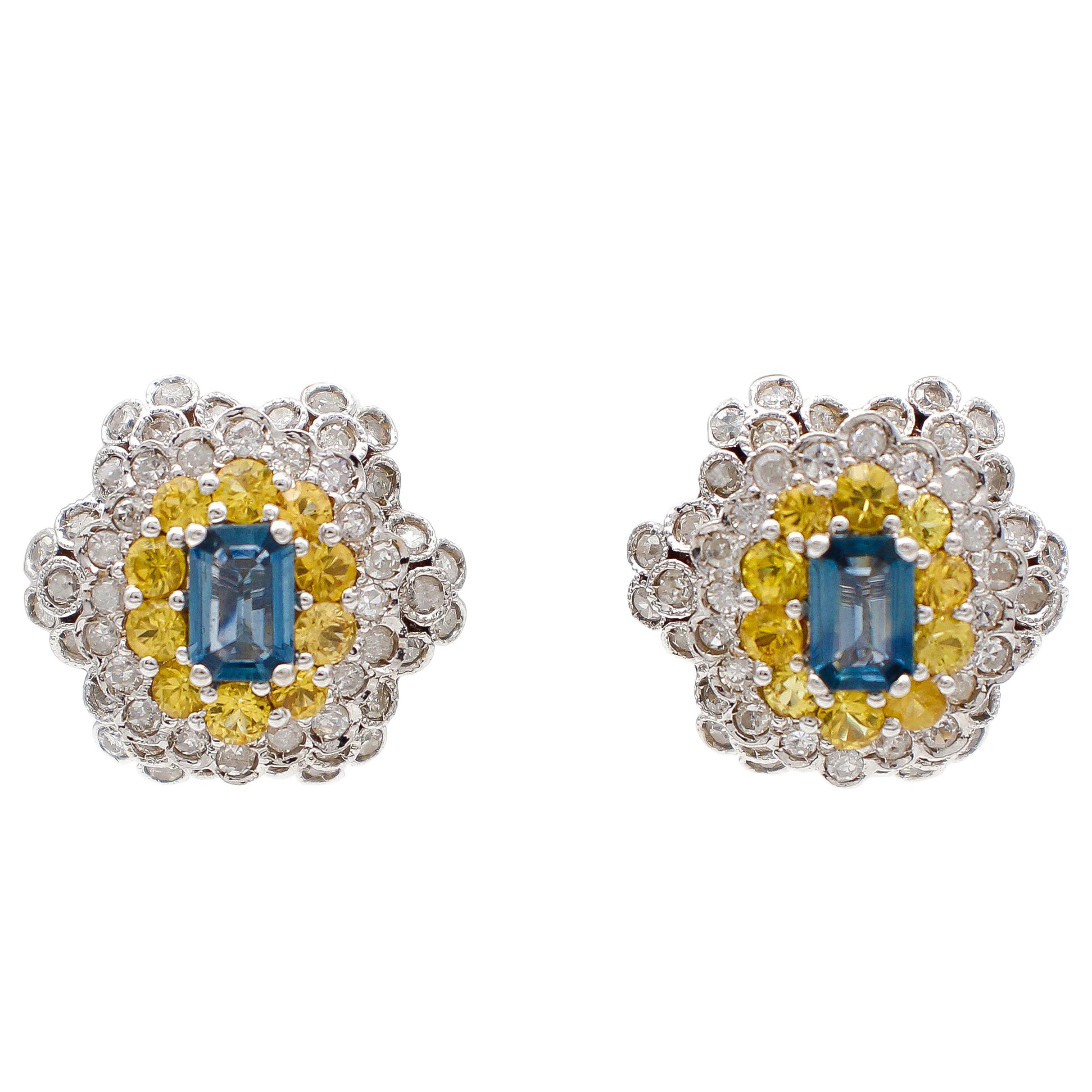 Diamonds, Yellow and Blue Sapphires, White Gold Clip-On Earrings