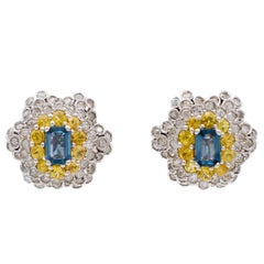 Diamonds, Yellow and Blue Sapphires, White Gold Clip-On Earrings Diamonds, Yellow and Blue Sapphires, White Gold Clip-On Earrings