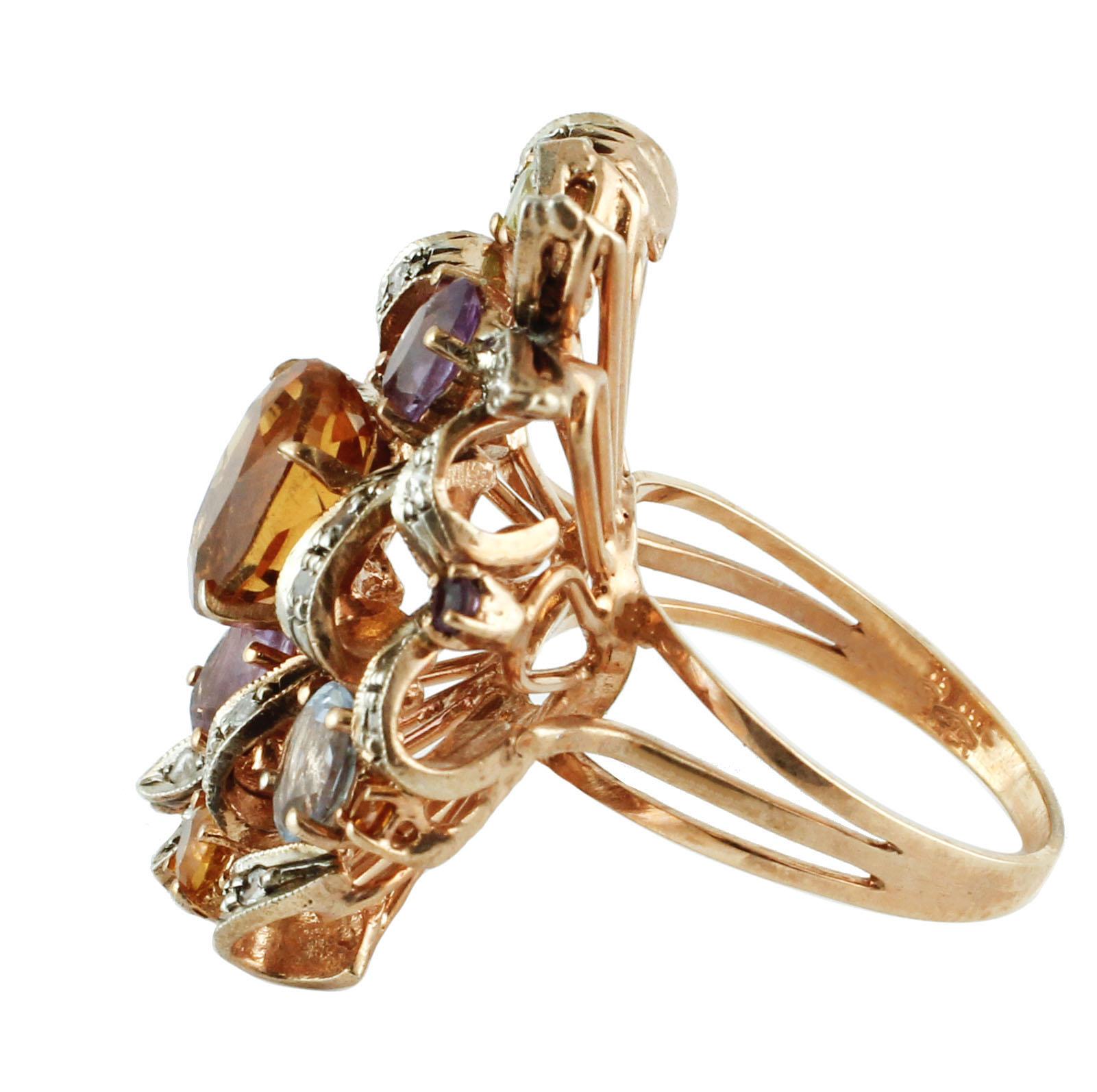 Diamonds Yellow and Light Blue Topazes Amethysts Peridot Rose Gold Silver Ring In Excellent Condition In Marcianise, Marcianise (CE)