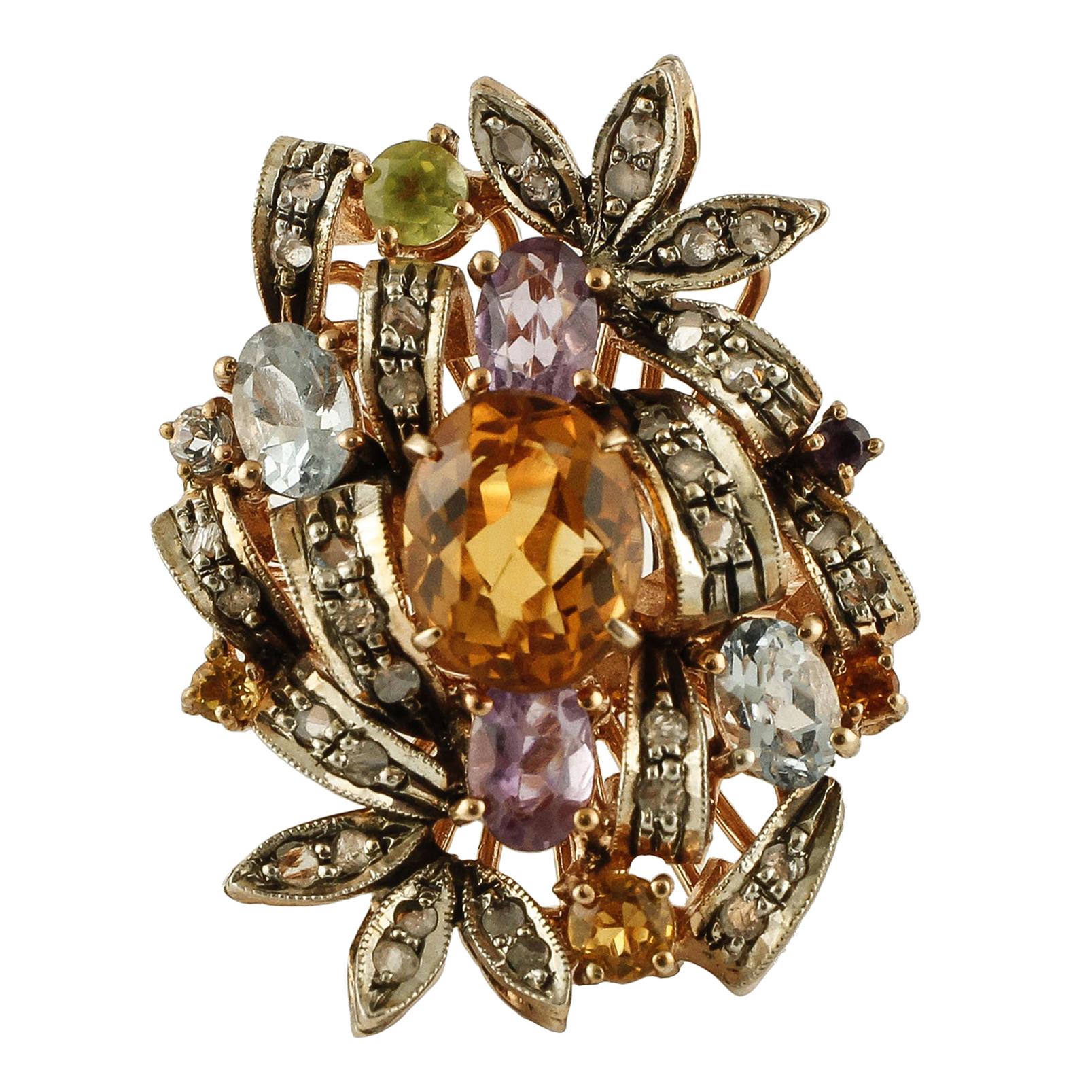 Diamonds Yellow and Light Blue Topazes Amethysts Peridot Rose Gold Silver Ring